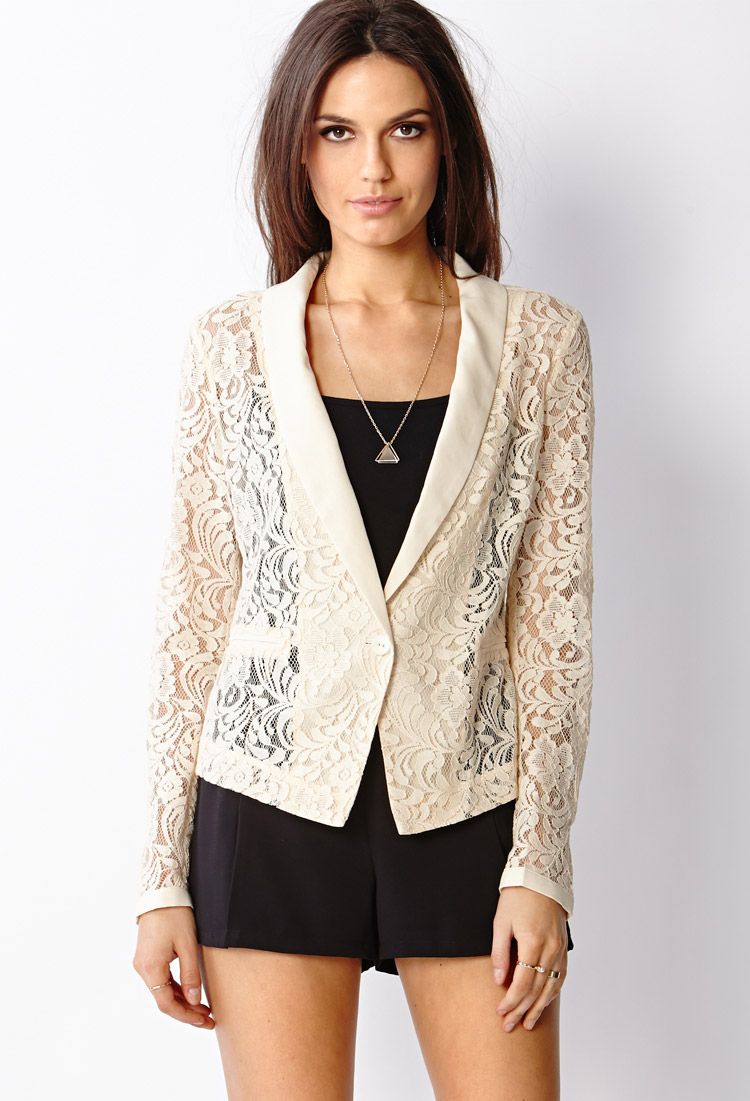 Forever 21 Contemporary Romantic Lace Blazer in Cream