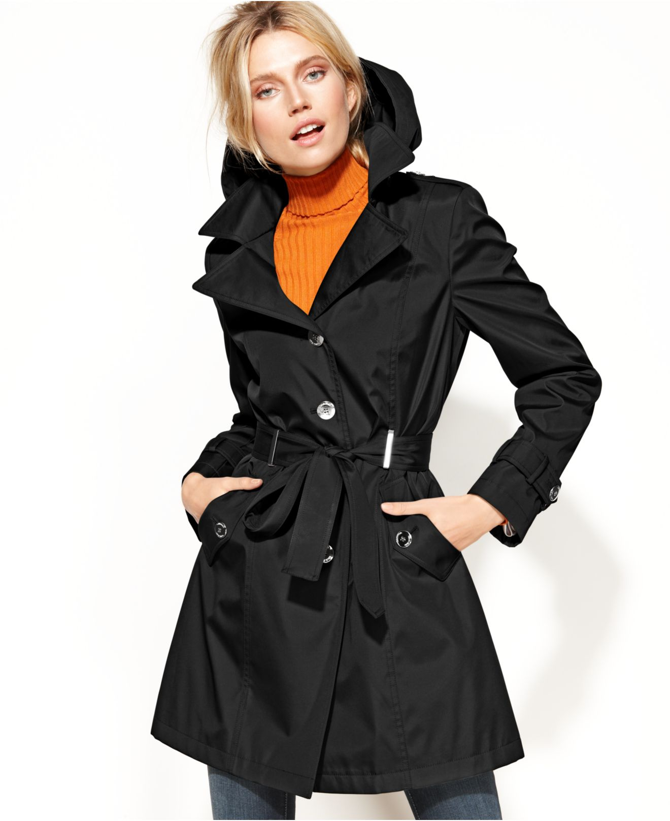 Calvin Klein Hooded Belted Trench Coat in Black | Lyst