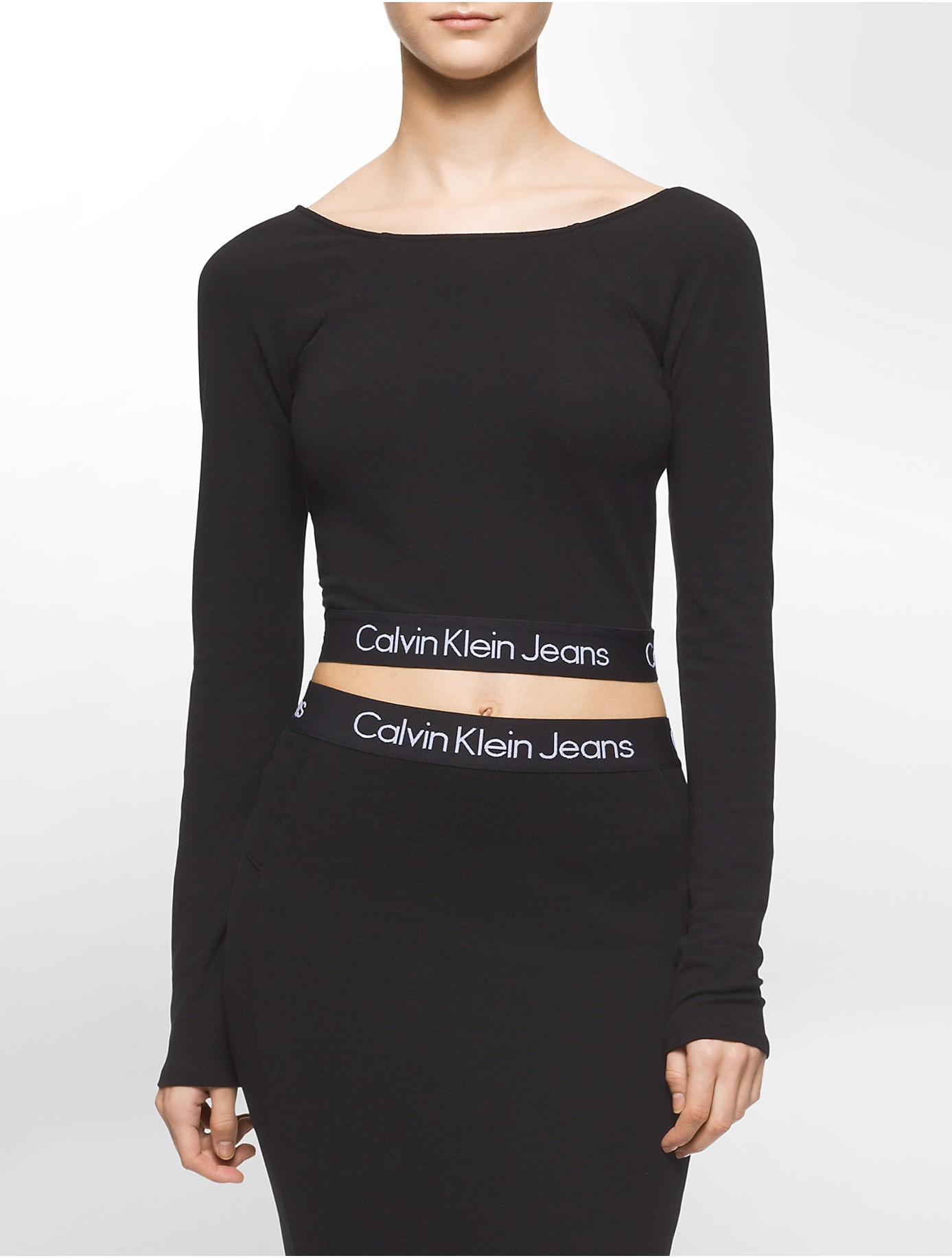 Calvin Klein Denim Jeans Solid Long Sleeve Crop Top in Black - Lyst