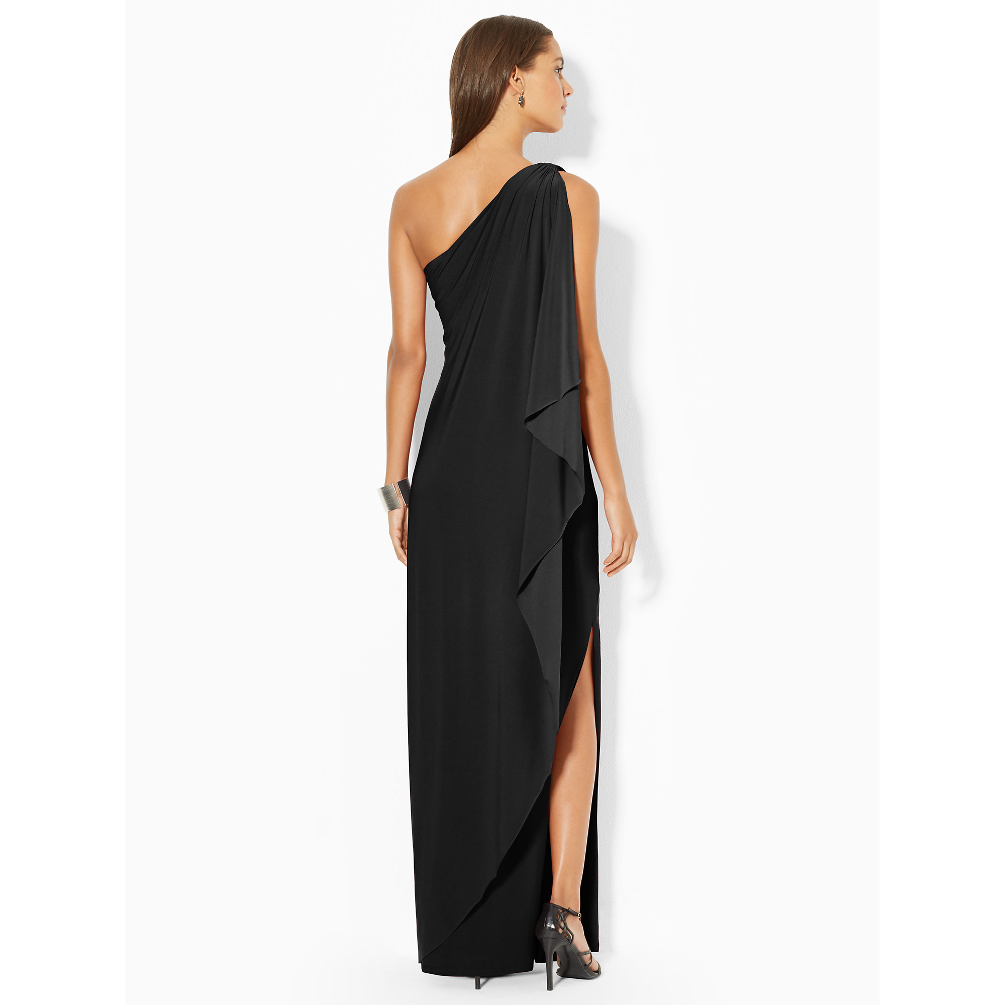 ralph lauren one shoulder cape gown