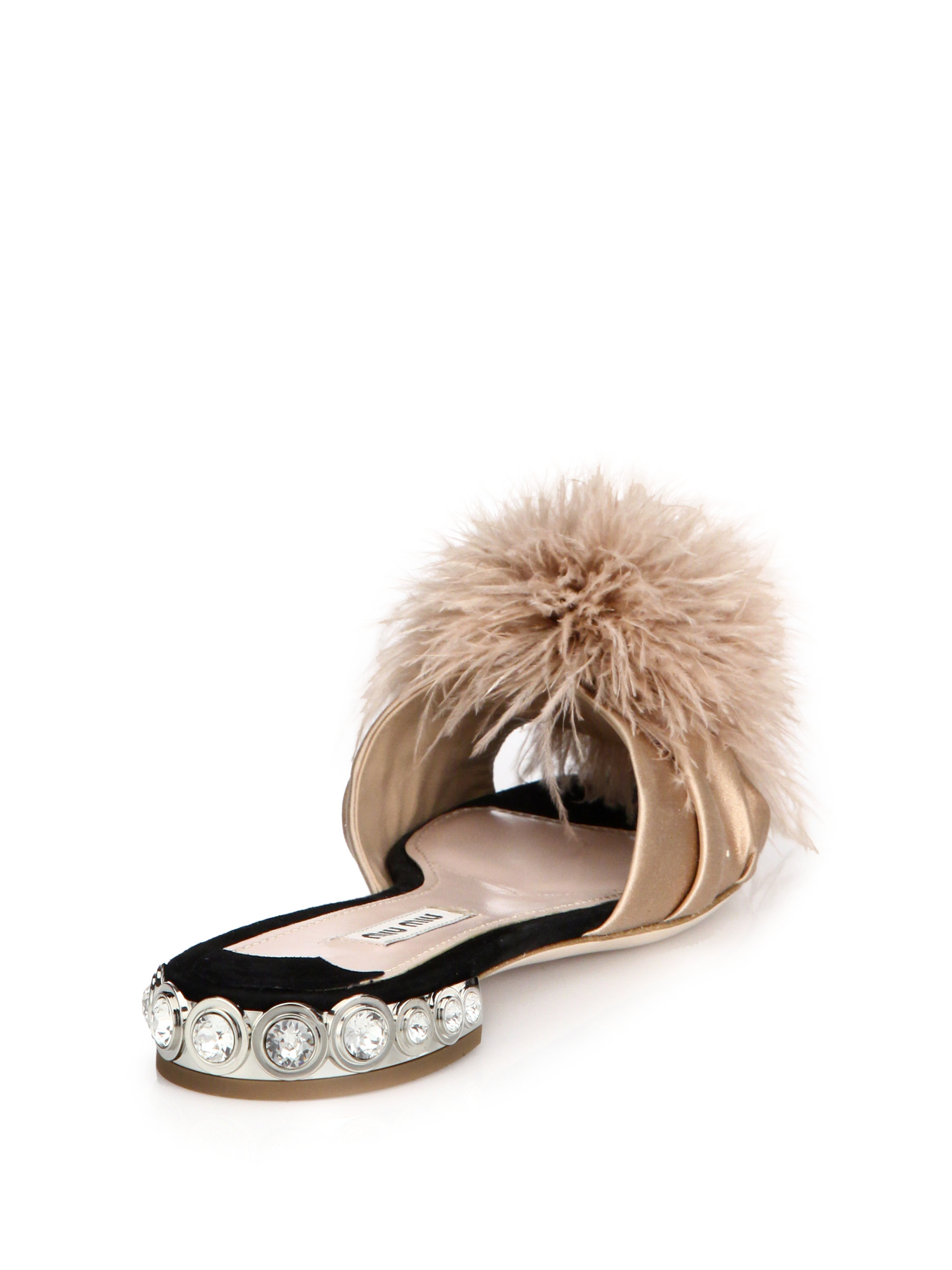 Miu Miu Feather &amp; CrystalEmbellished Suede Slide Sandals
