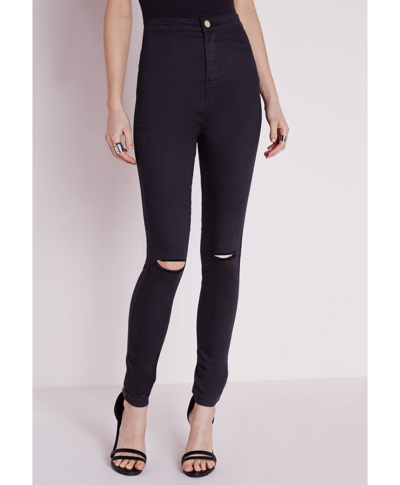 Missguided High Waist Ripped Knee Skinny Jeans Black In Black Lyst