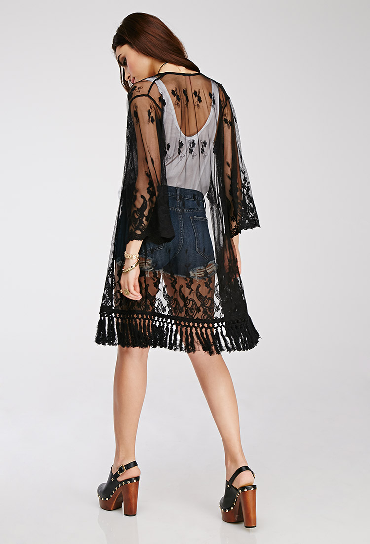 Lyst Forever 21 Floralembroidered Mesh Kimono in Black