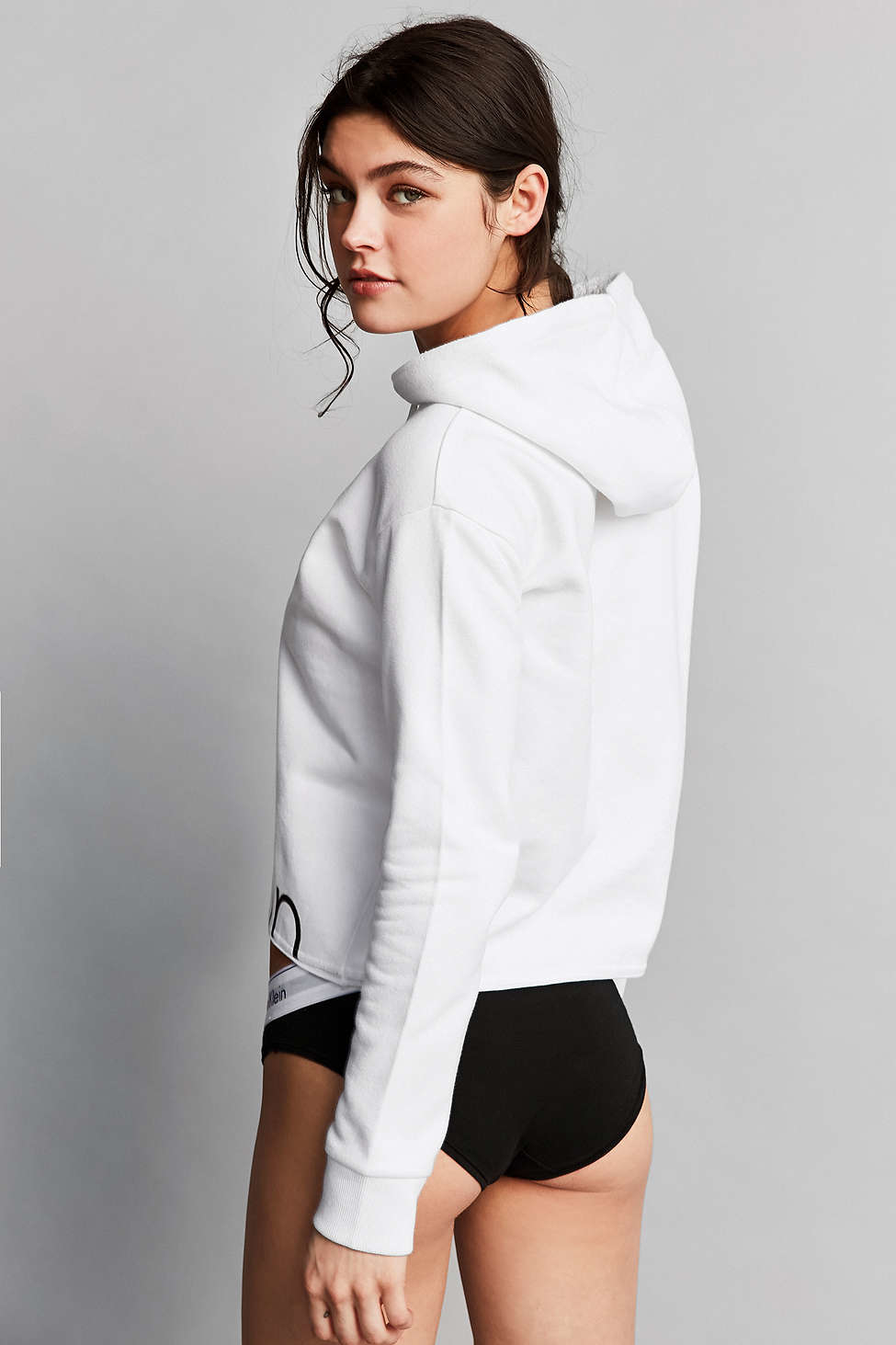 Calvin Klein Cotton Modern Cropped Hoodie Sweatshirt in White - Lyst
