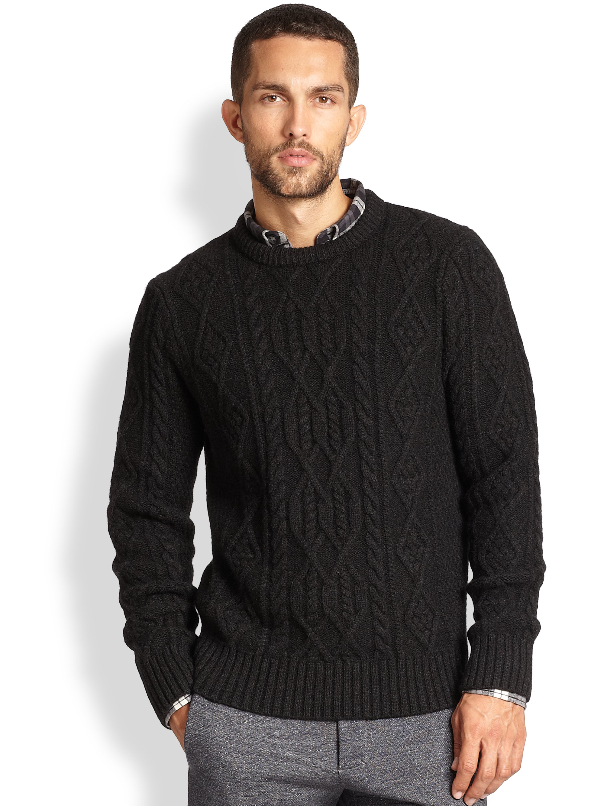 Lyst - Vince Cable Knit Crewneck Sweater in Black for Men