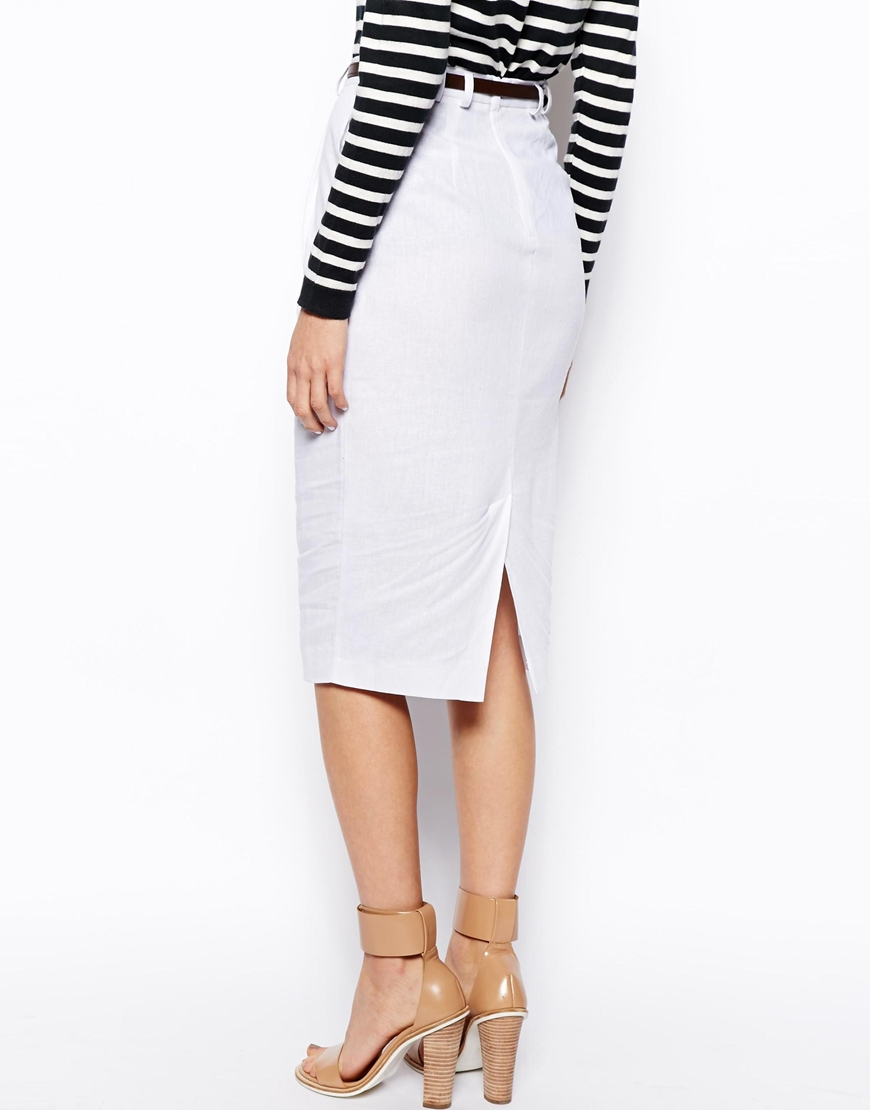 ASOS Linen Pencil Skirt with Belt in White - Lyst