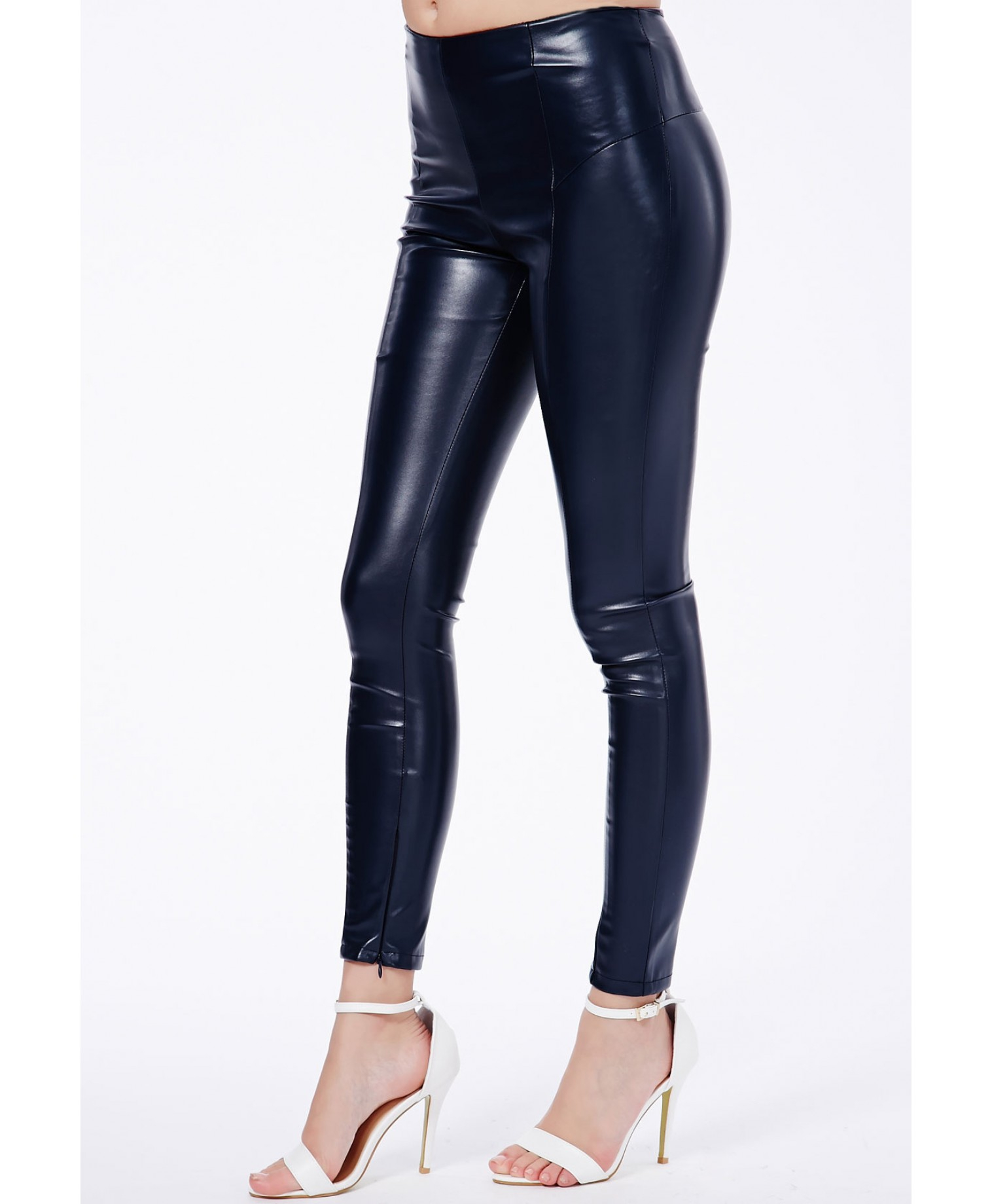 navy faux leather trousers