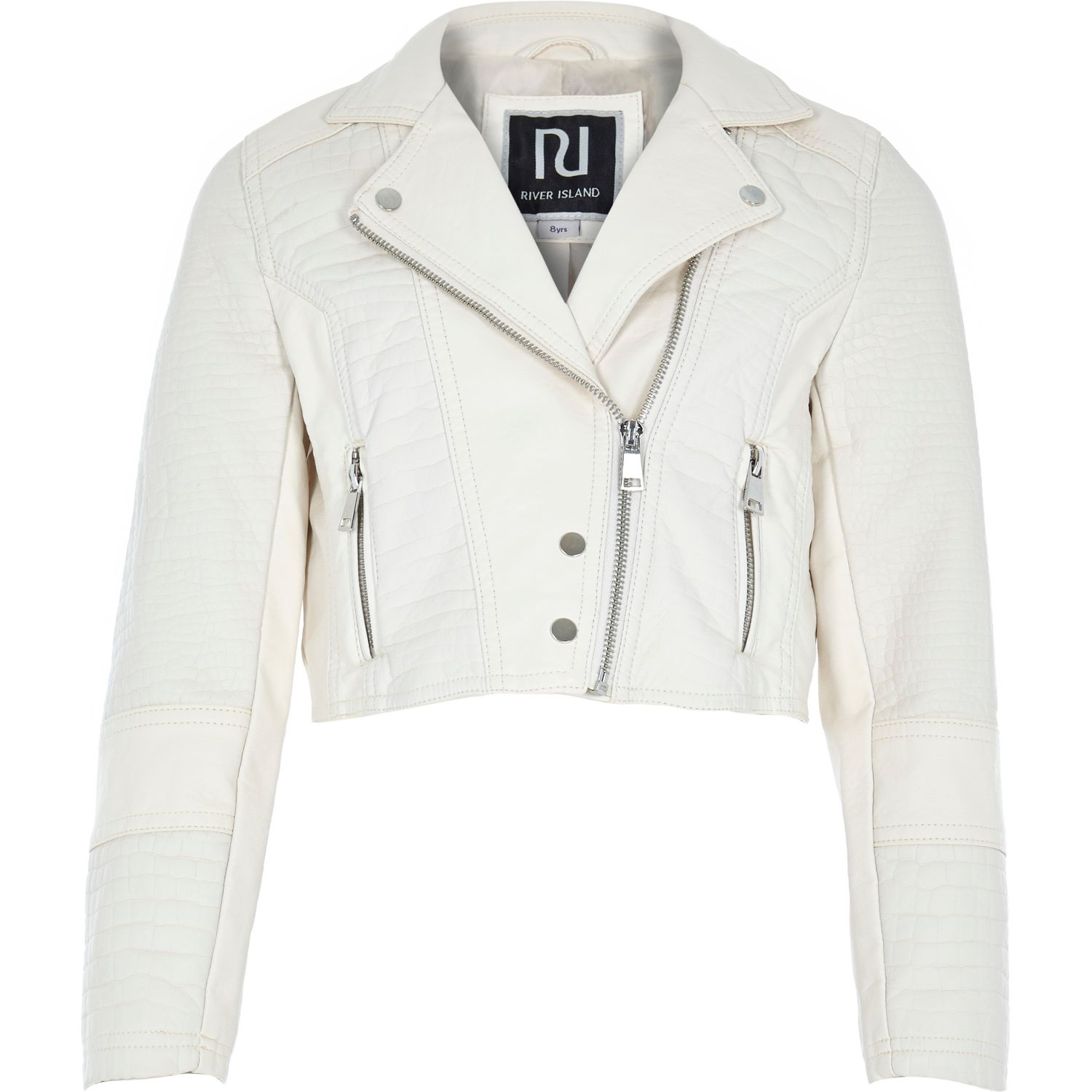 River Island Girls Cream LeatherLook Cropped Biker Jacket in Natural