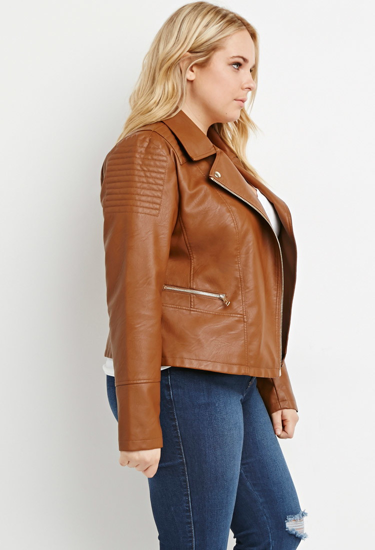 Plus Size Brown Leather Jacket - Jacket