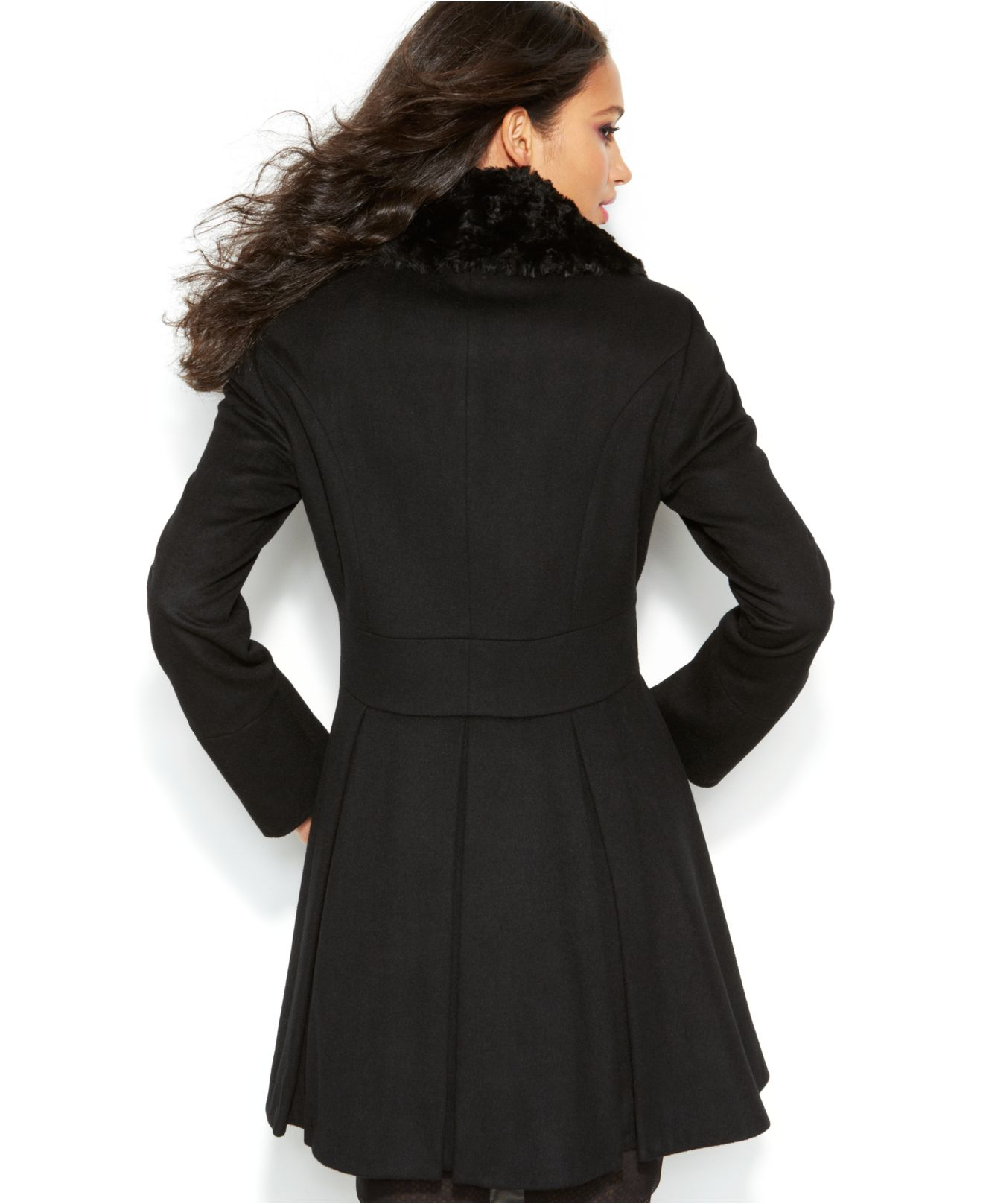 Betsey Johnson Wool Blend Faux Fur Corset Flared Coat in Black Lyst