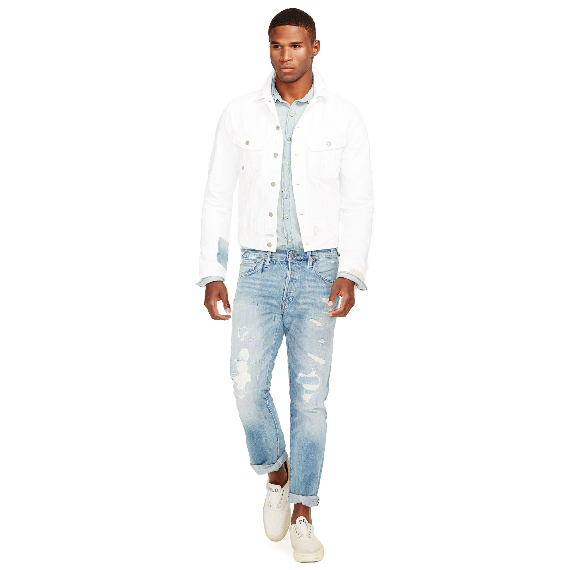 white polo with denim jacket