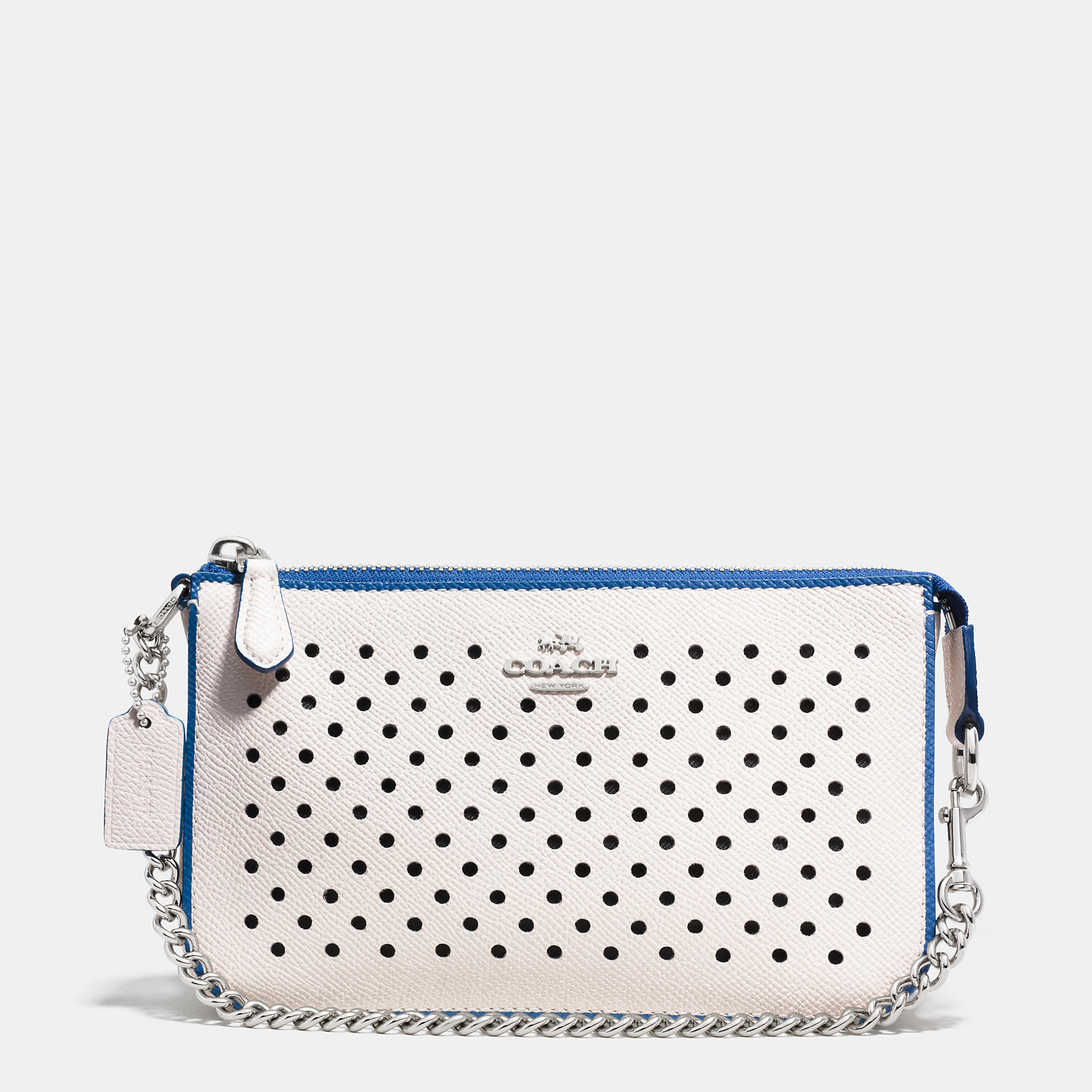 COACH Nolita Wristlet 19 In Perforated Leather in Silver/Chalk/Denim