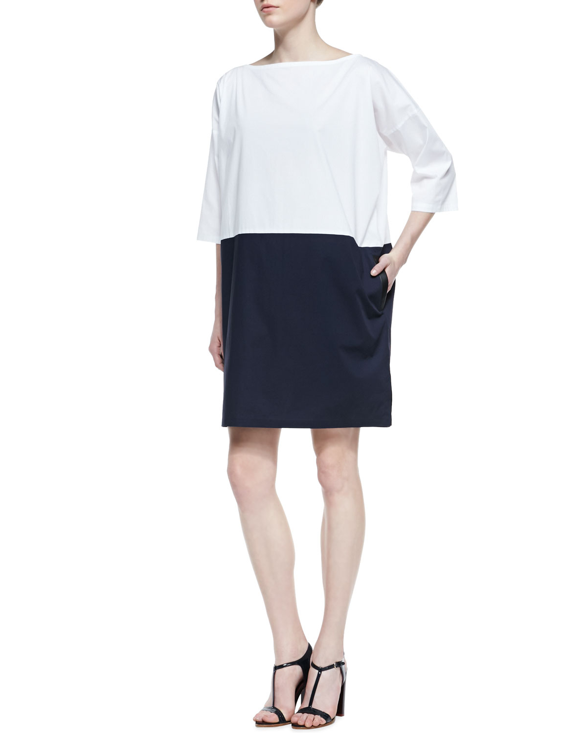 eileen fisher two tone papercloth boxy dress in black lyst eileen fisher two tone papercloth boxy dress in black lyst