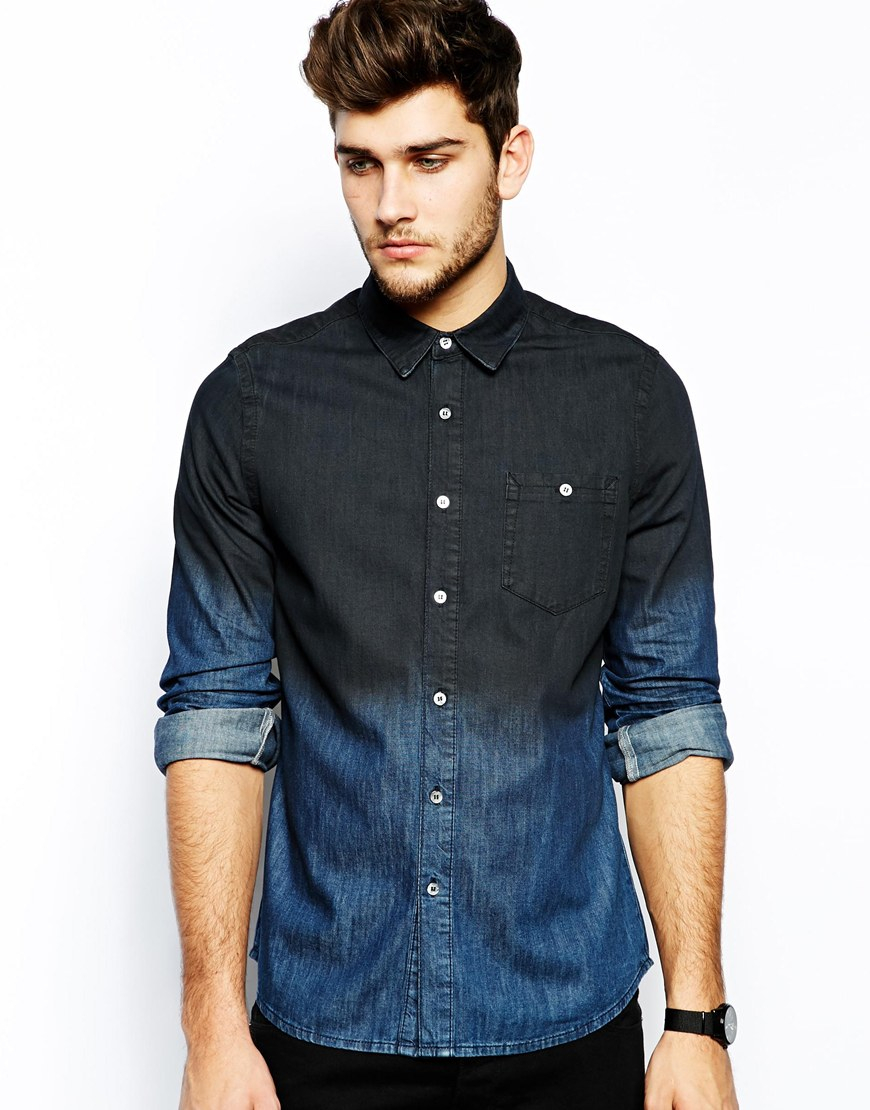 ASOS Denim Shirt in Long Sleeve with Dip Dye in Blue for Men - Lyst