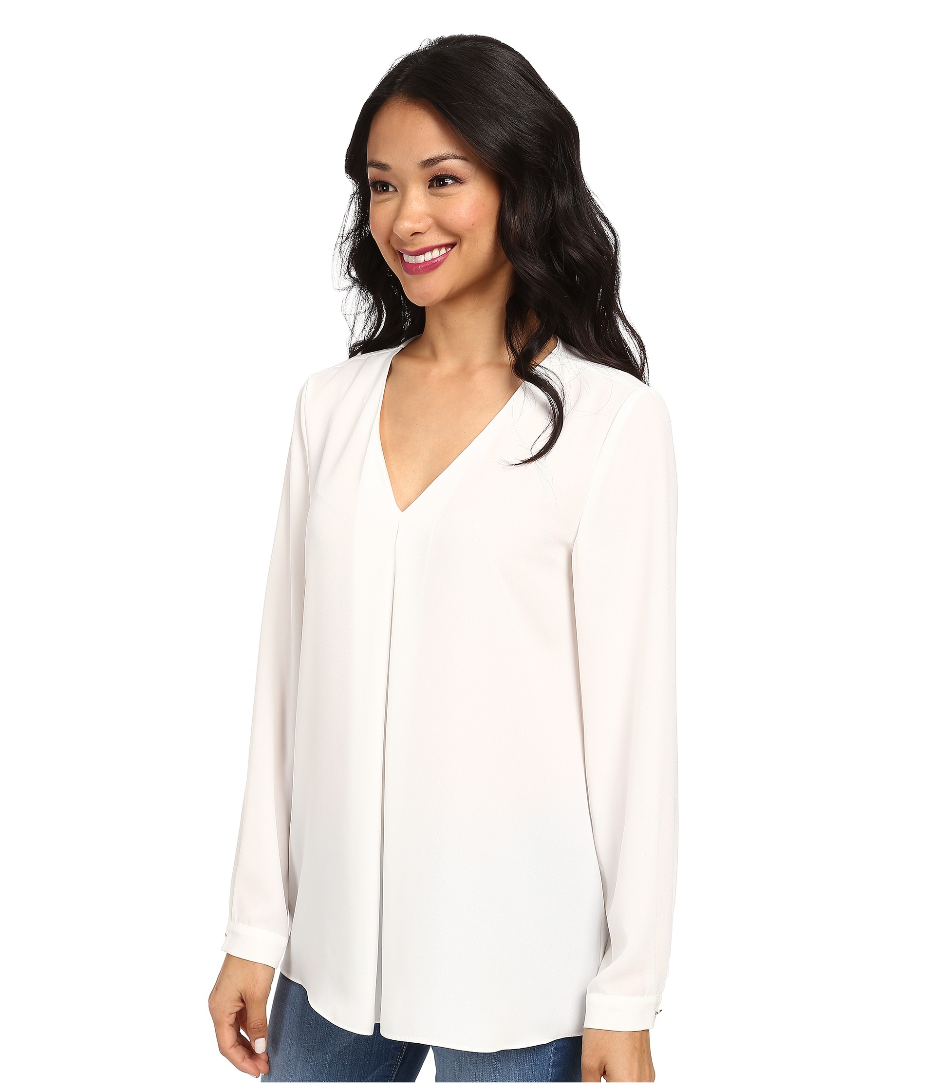 Vince Camuto Long Sleeve V-Neck Blouse W/ Inverted Front Pleat in White ...