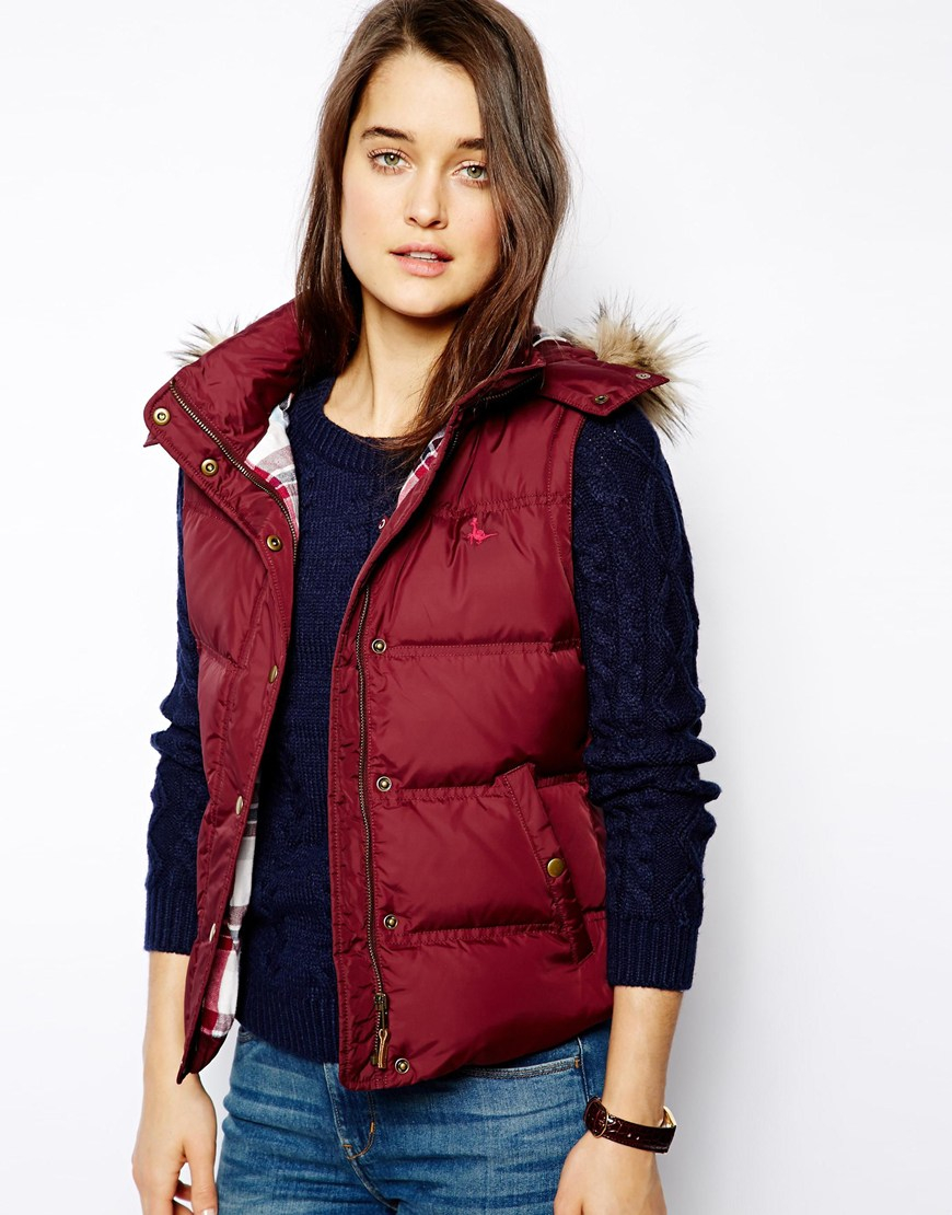 Jack Wills Padded Gilet with Faux Fur Trimmed Hood in Damson (Red) - Lyst