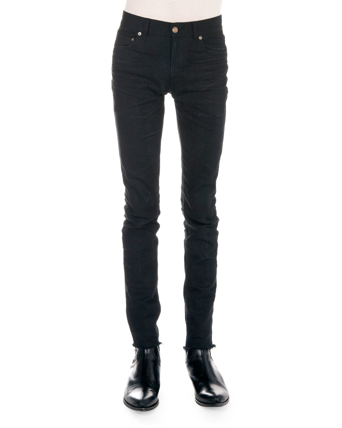 Saint Laurent Frayed Hem Skinny Jeans in Black for Men - Lyst