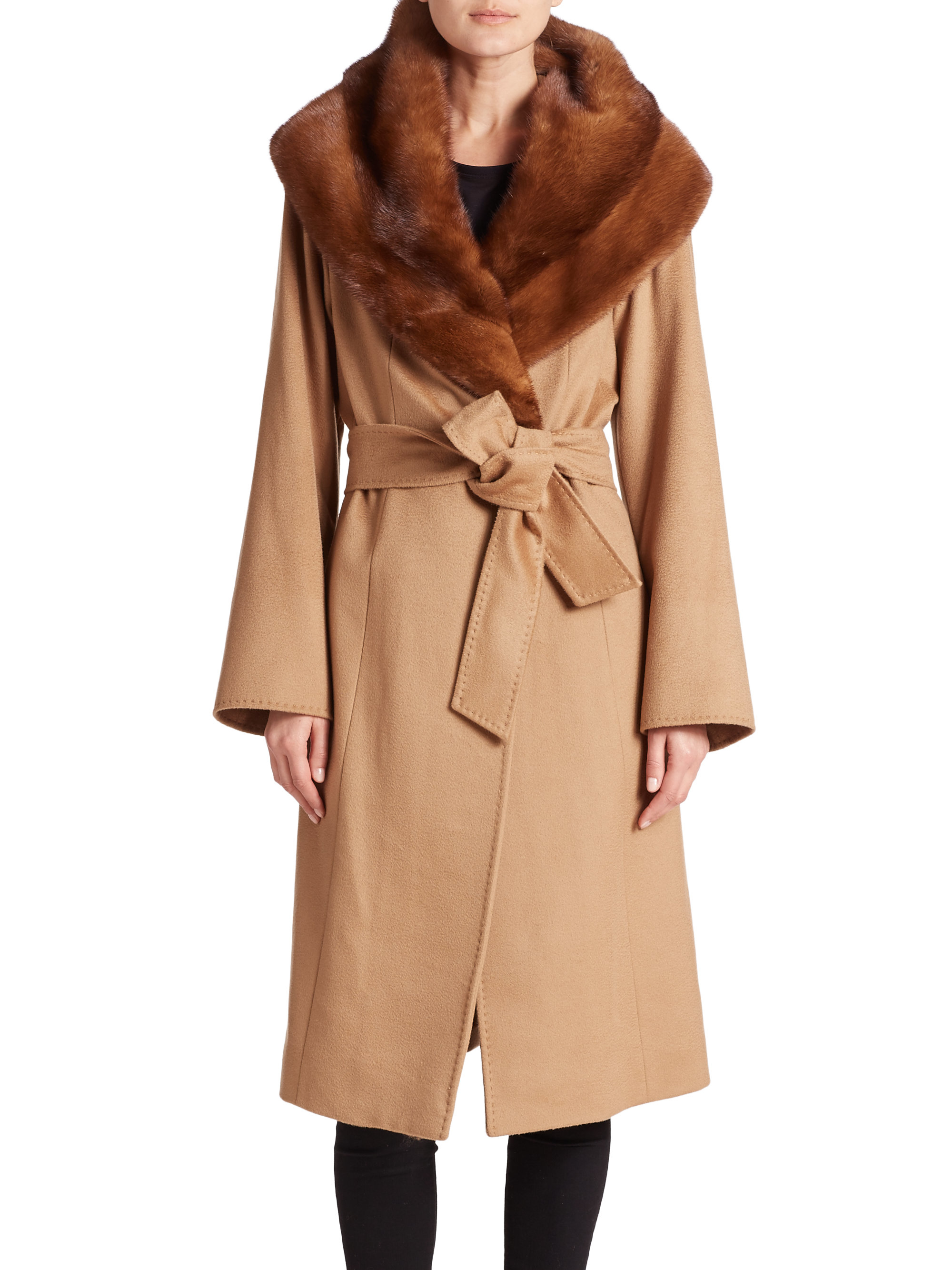 Cinzia Rocca Mink-collar Wool Wrap Coat in Camel (Natural) - Lyst