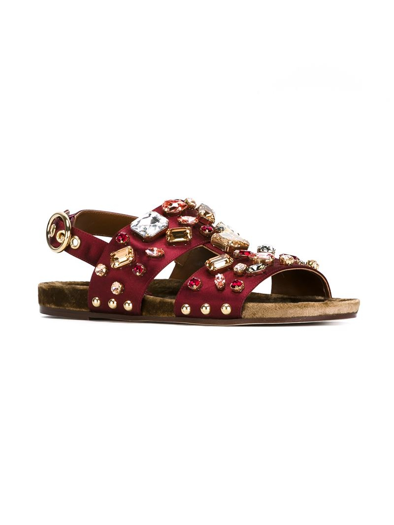 Dolce & gabbana Embellished Flat Sandals in Red | Lyst