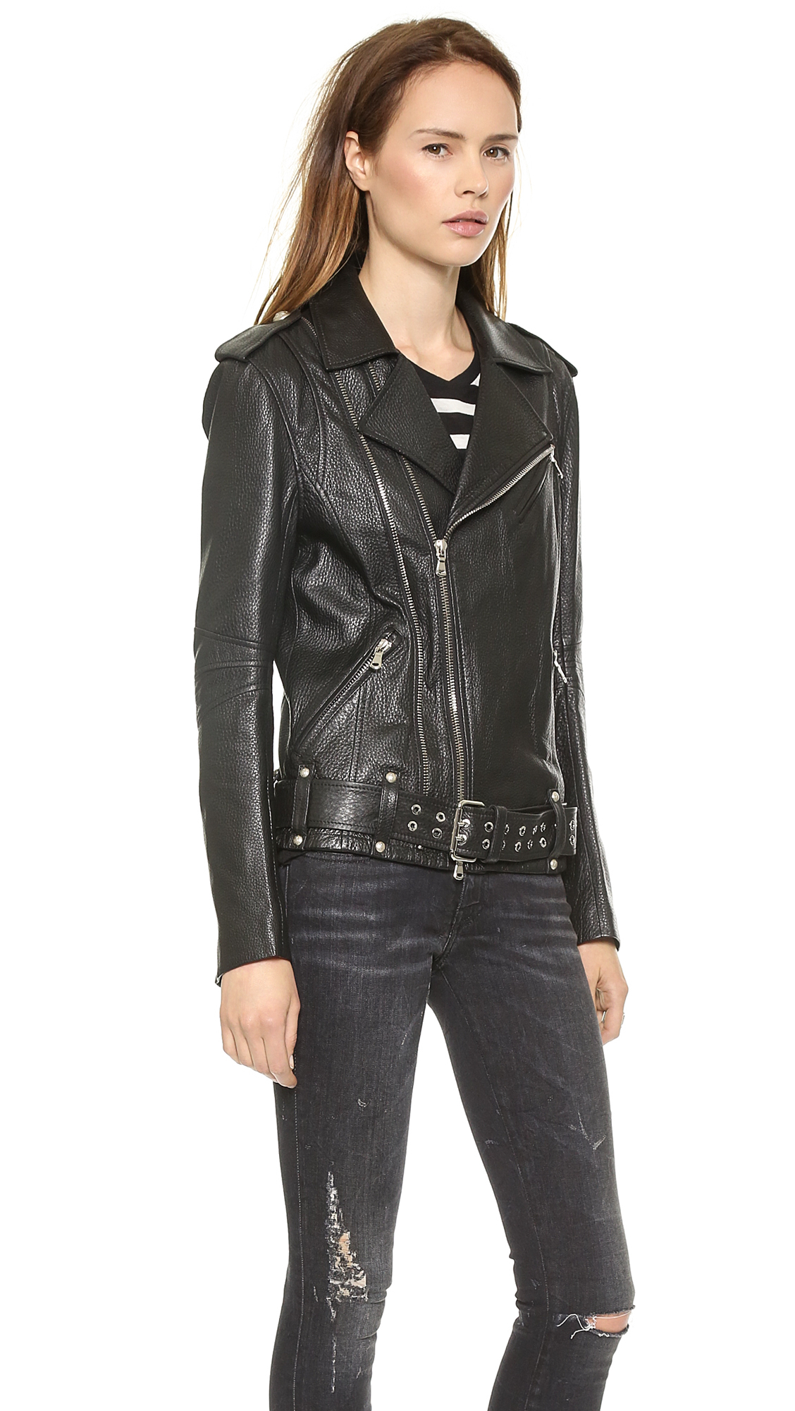 Balmain Belted Leather Moto Jacket Black - Lyst
