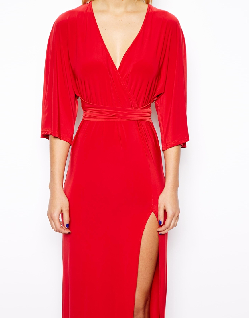 Asos Kimono Wrap Maxi Dress in Red | Lyst