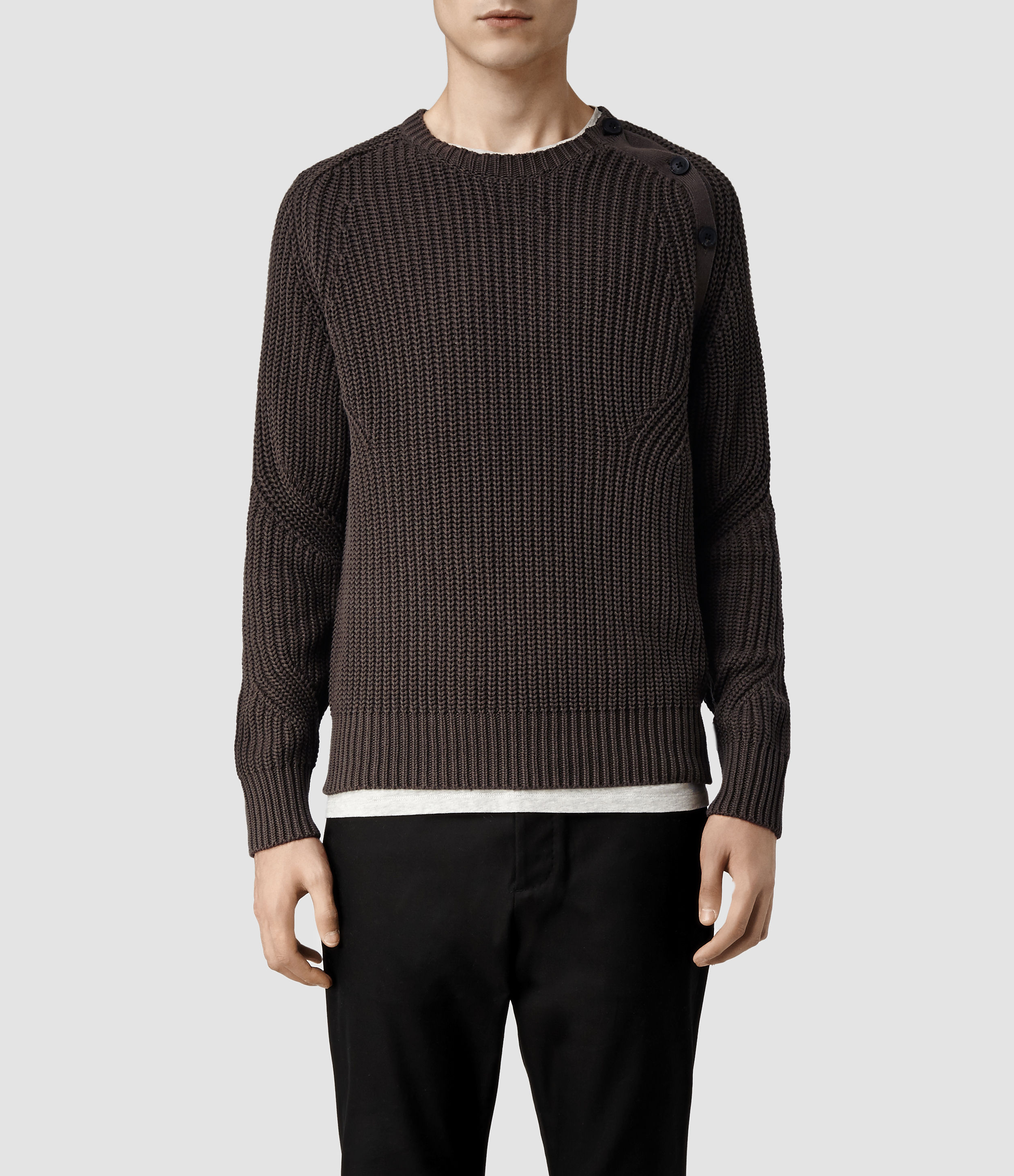 AllSaints Moat Buttoned Crew Sweater in Khaki (Gray) for Men - Lyst