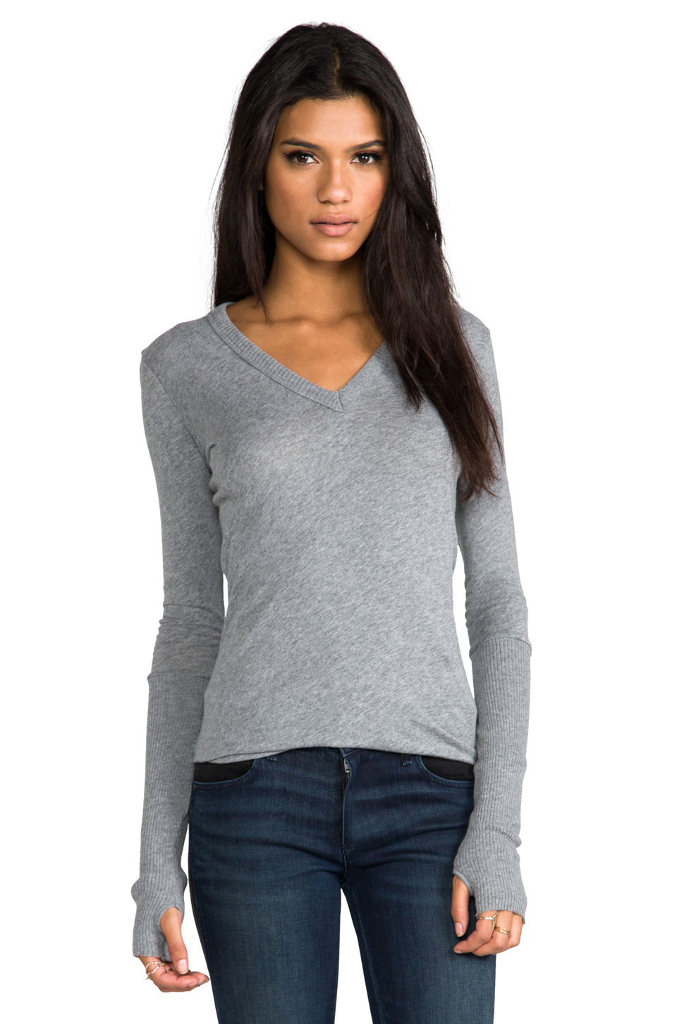 Lyst - Enza costa Cashmere Fitted Cuffed V Neck Sweater in Gray in Gray