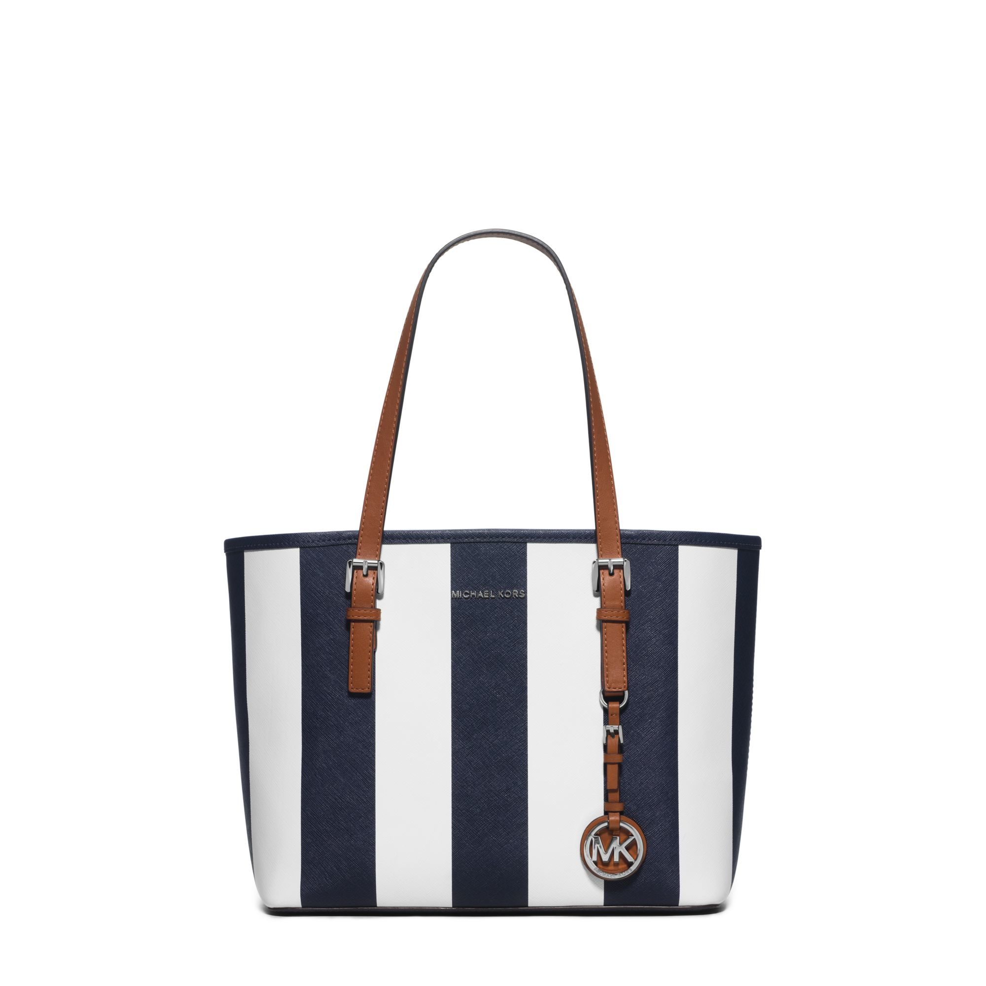 blue and white striped michael kors purse