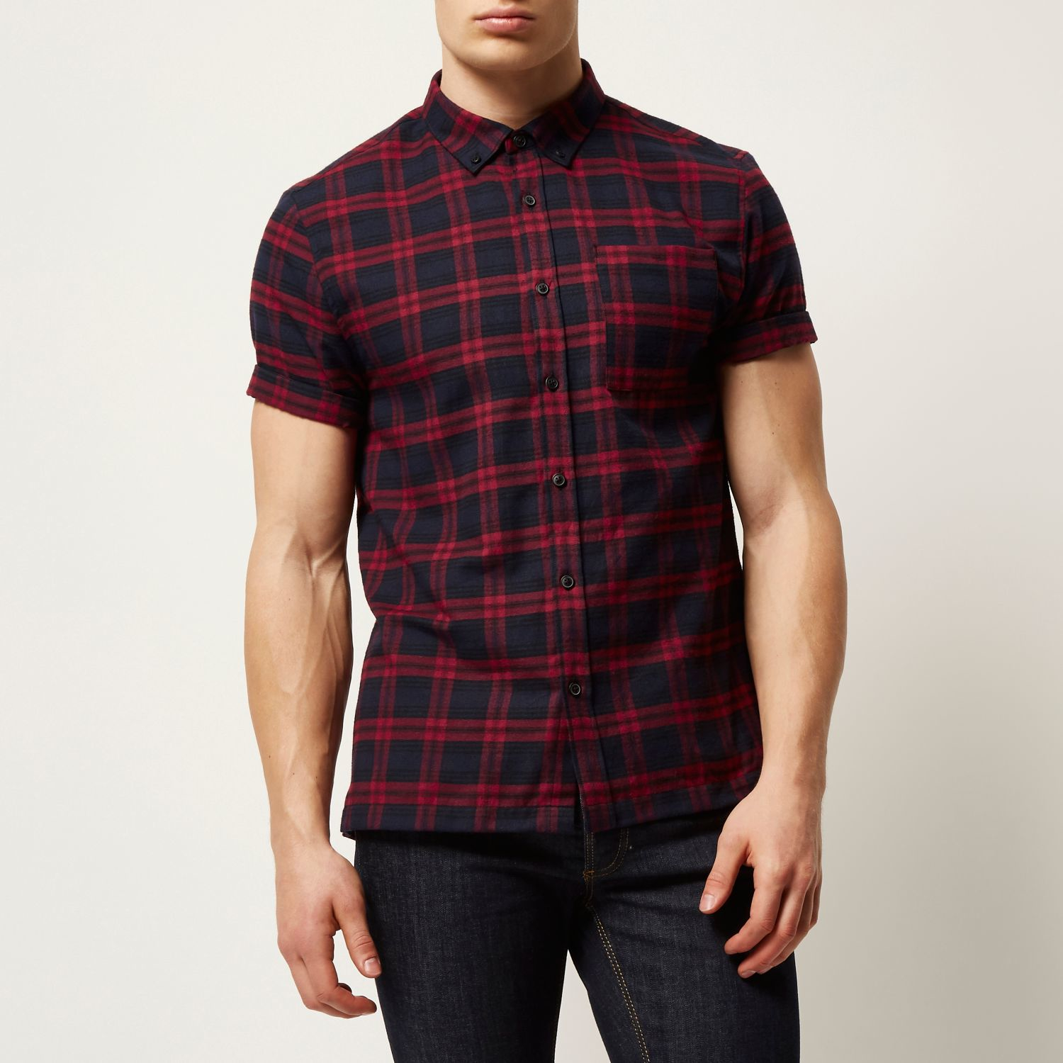 River Island Navy Check Flannel Short Sleeve Shirt in Blue for Men - Lyst