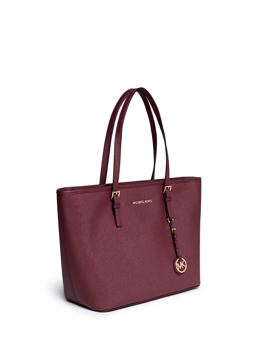Michael kors jet set travel saffiano leather tote in red brown lyst