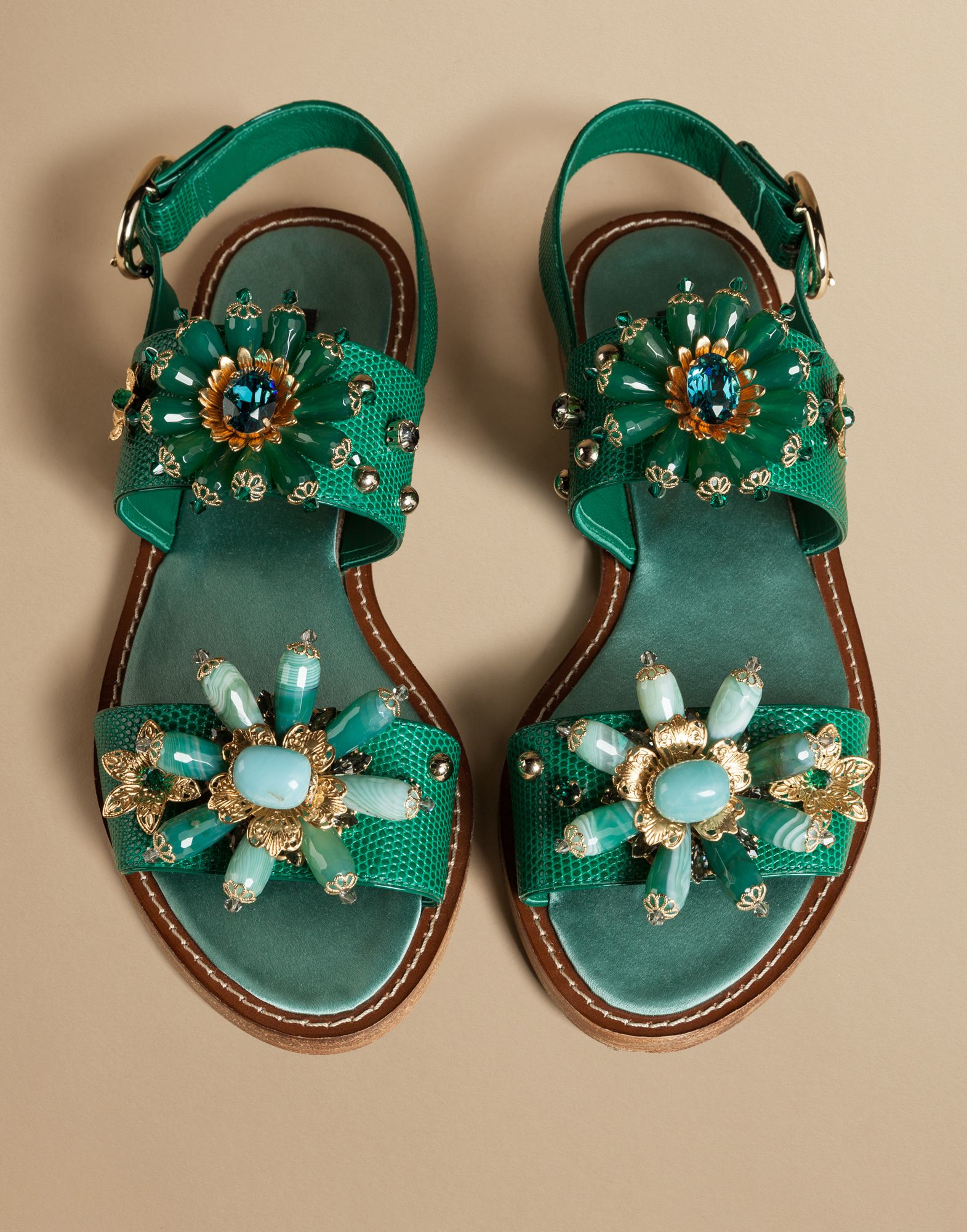 Dolce & Gabbana Flat Sandal In Iguana Print Leather With Stones in 