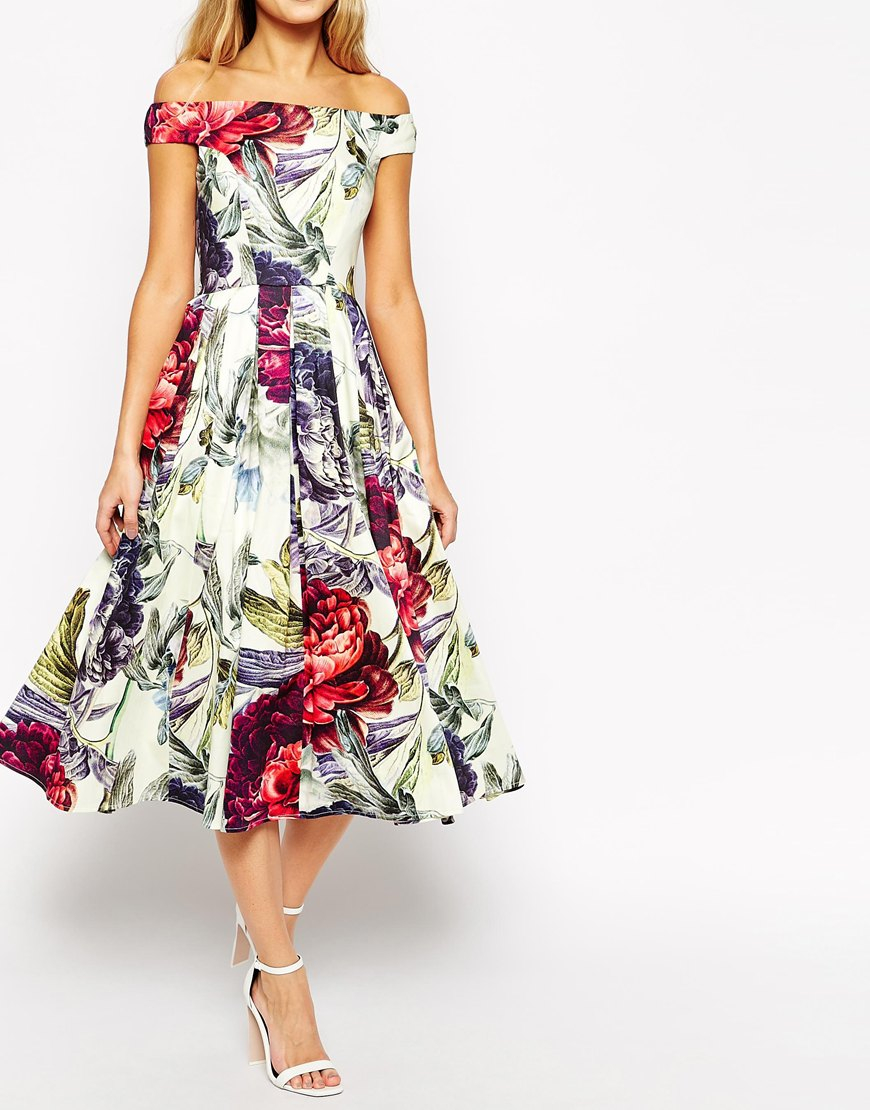 Asos Bardot Floral Midi Prom Dress | Lyst