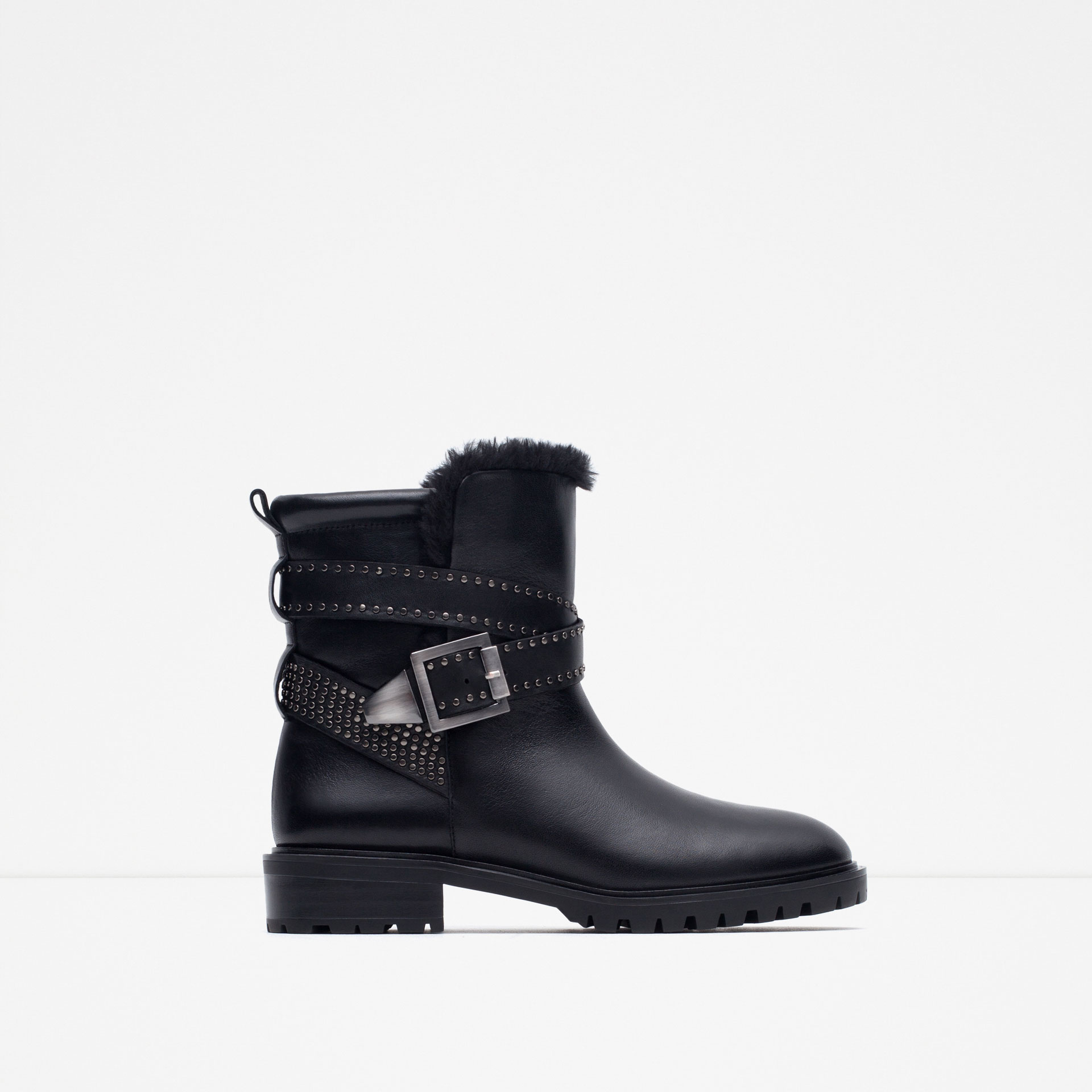 Zara Leather Biker Ankle Boots With Straps in Black | Lyst
