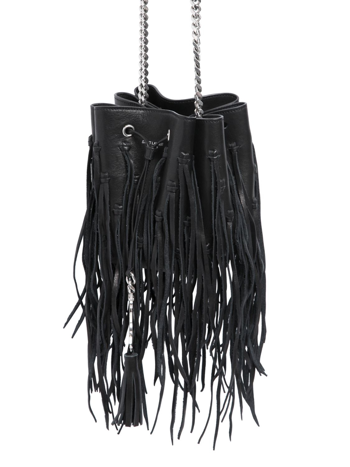 Saint Laurent Ysl Pendant Fringed Leather Bucket Bag in Black