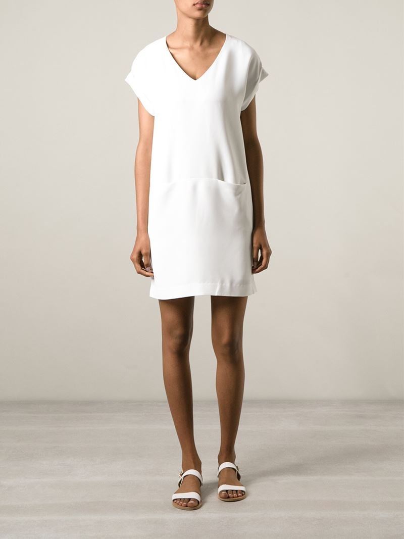 white v neck shift dress