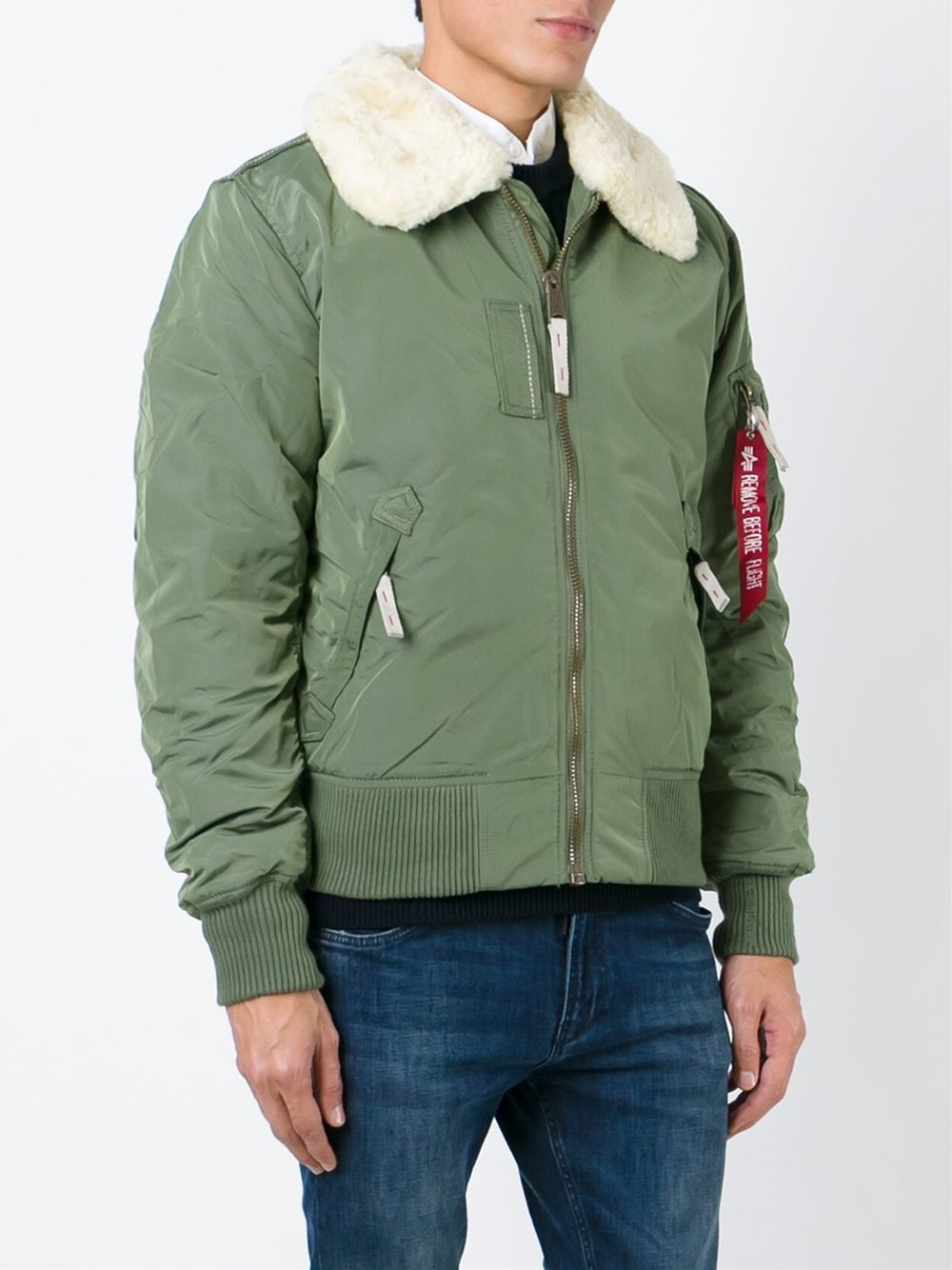 Alpha industries Shearling Collar Bomber Jacket in Green for Men | Lyst