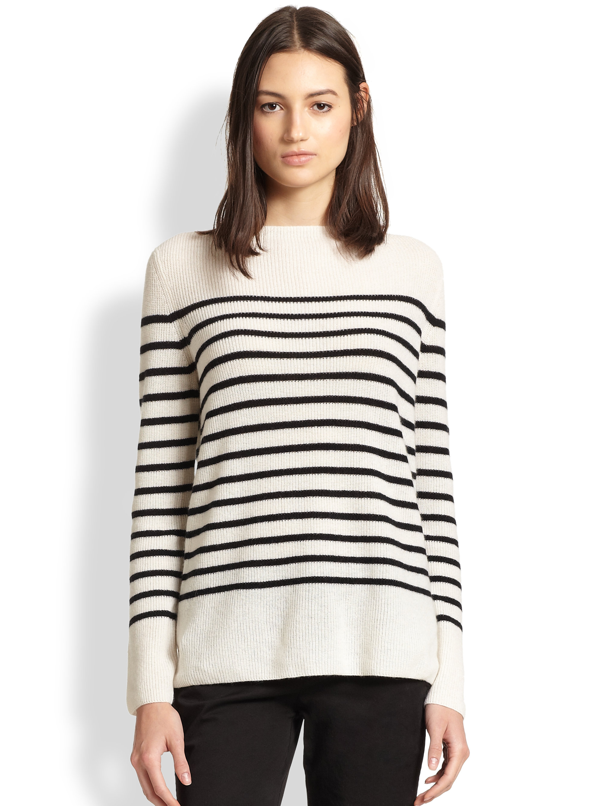 Vince Breton-Striped Ribbed Cashmere Sweater in White | Lyst