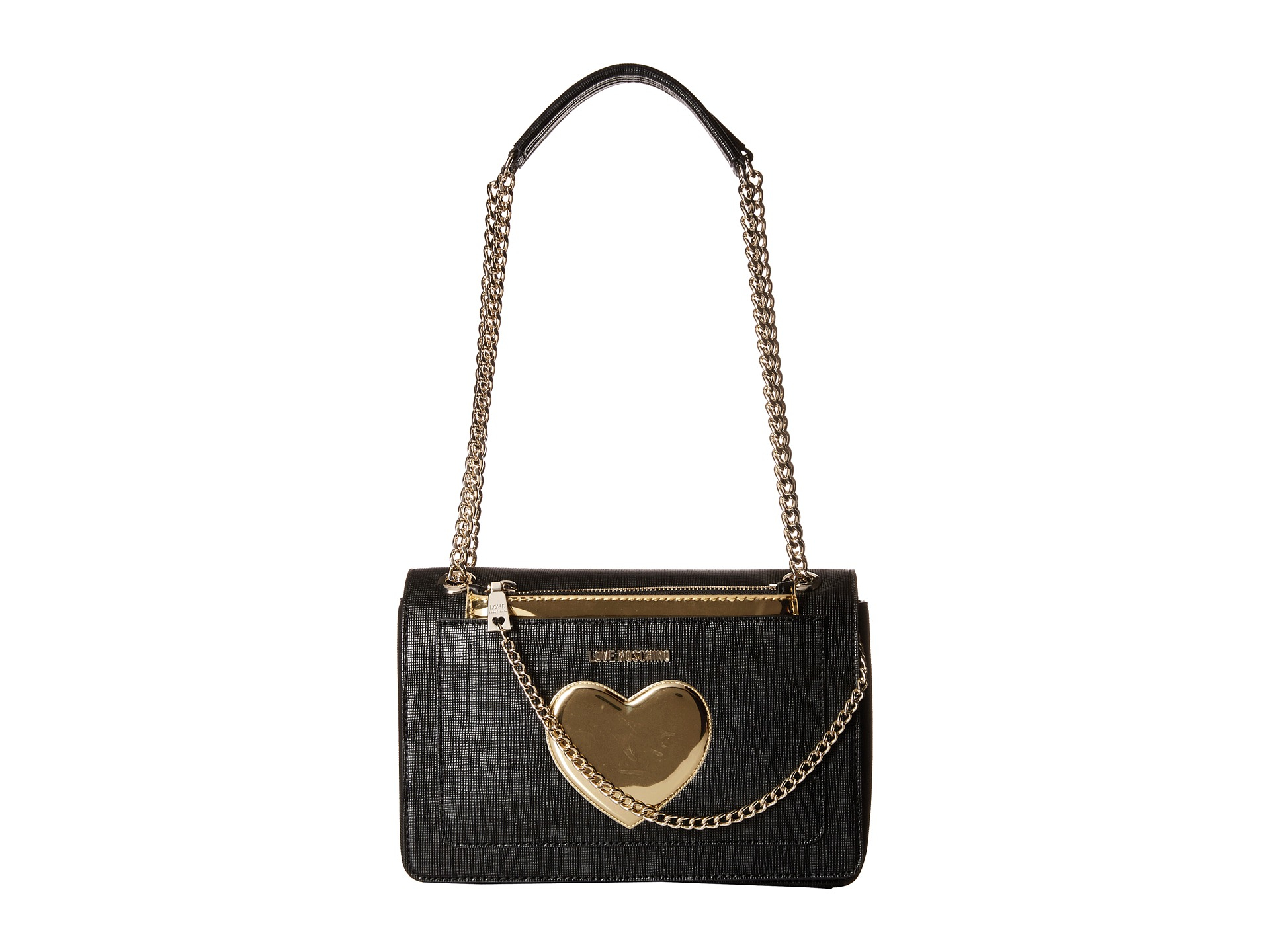 Love moschino Gold Heart With Chain Crossbody Bag in Black | Lyst
