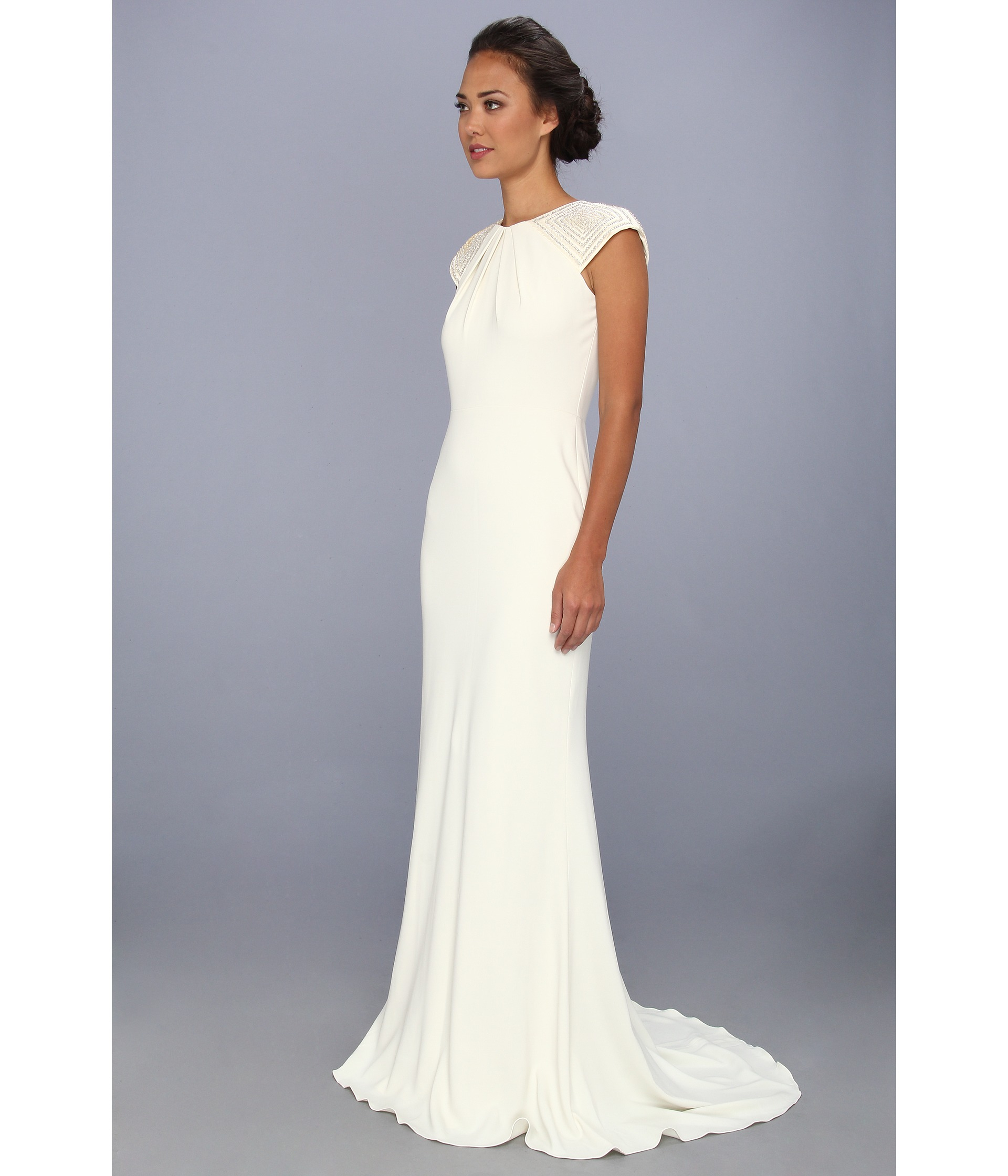 Badgley Mischka Art Deco Beaded Cap Sleeve Dress In Ivory White