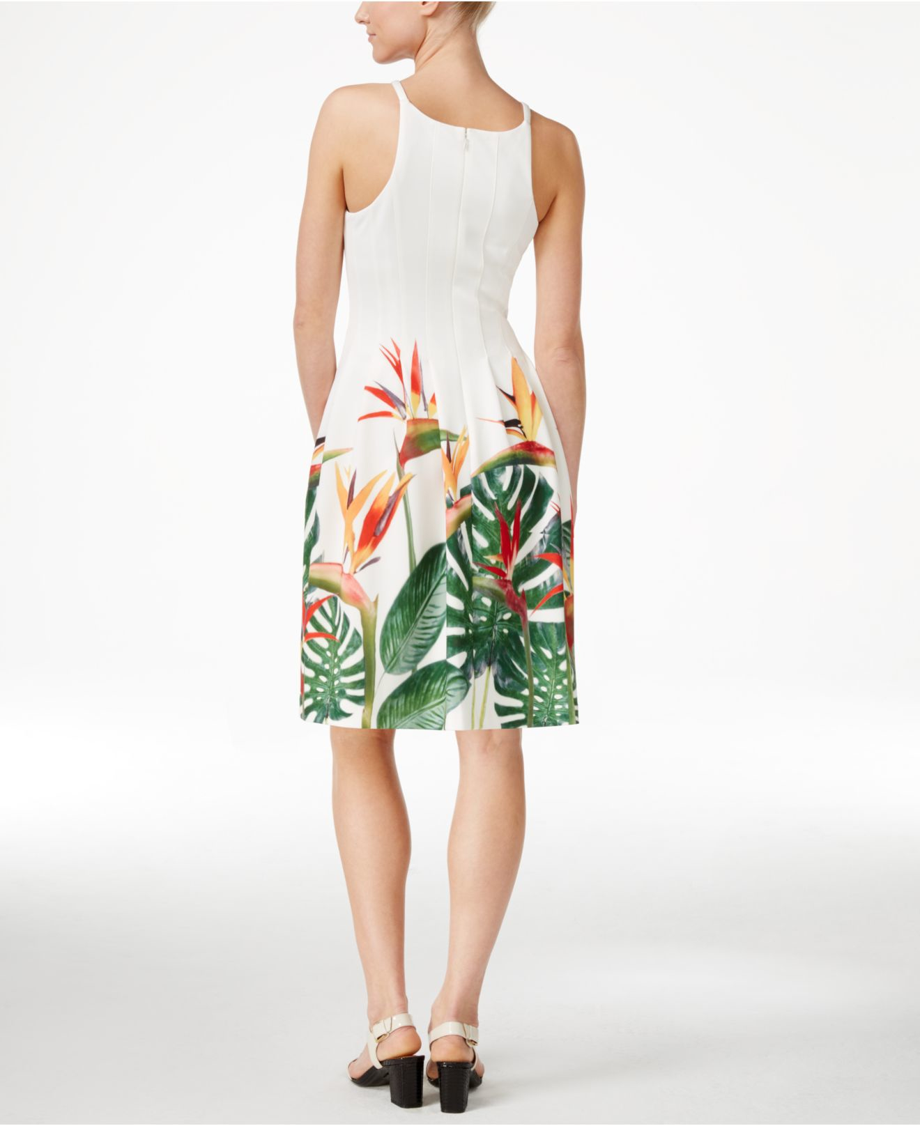 Calvin Klein Tropical-print Fit & Flare Halter Dress in White