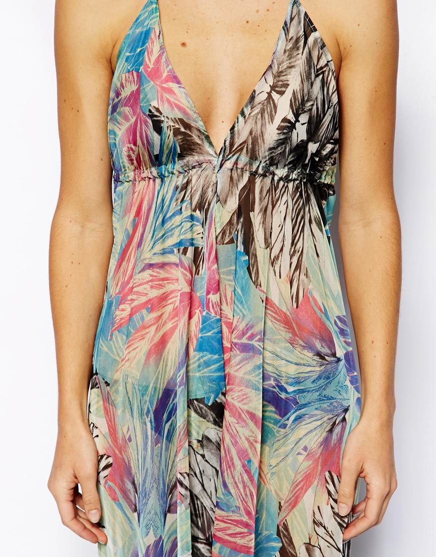 ASOS Feather Print Plunge Beach Jumpsuit - Lyst