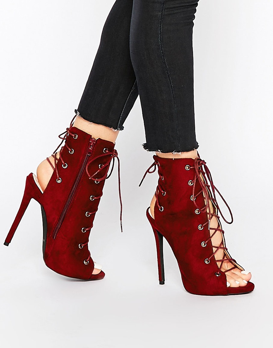 Public Desire Suede Elisa Wine Lace Up Peep Toe Shoe Boots in Red - Lyst