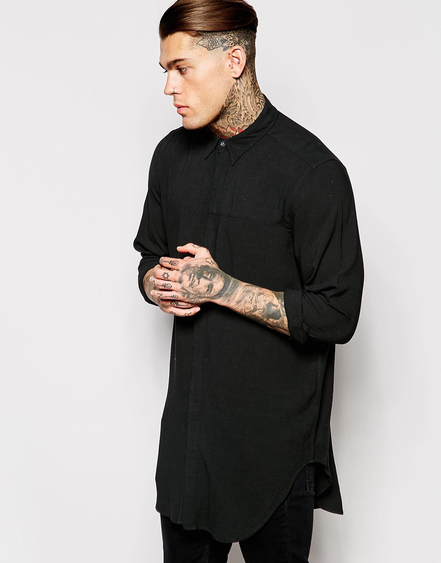 ASOS Super Longline Shirt In Rayon With Mini Button Down in Black for Men -  Lyst