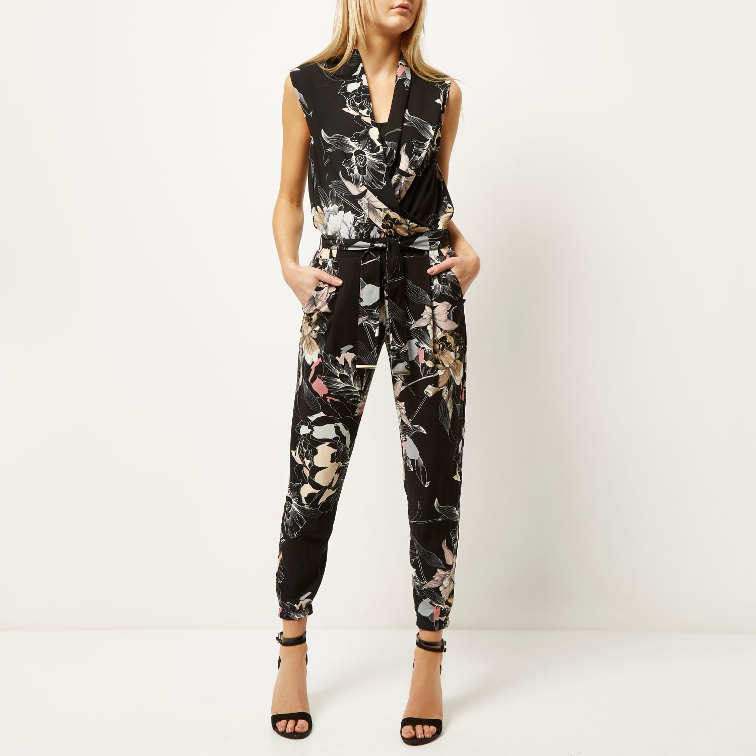 River Island Black Floral Print Smart Jumpsuit - Lyst