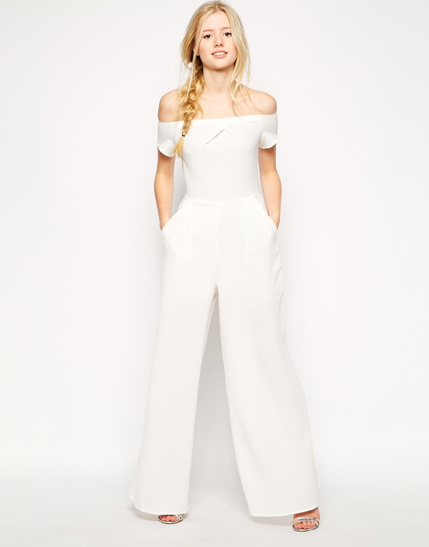 all white off the shoulder jumpsuit