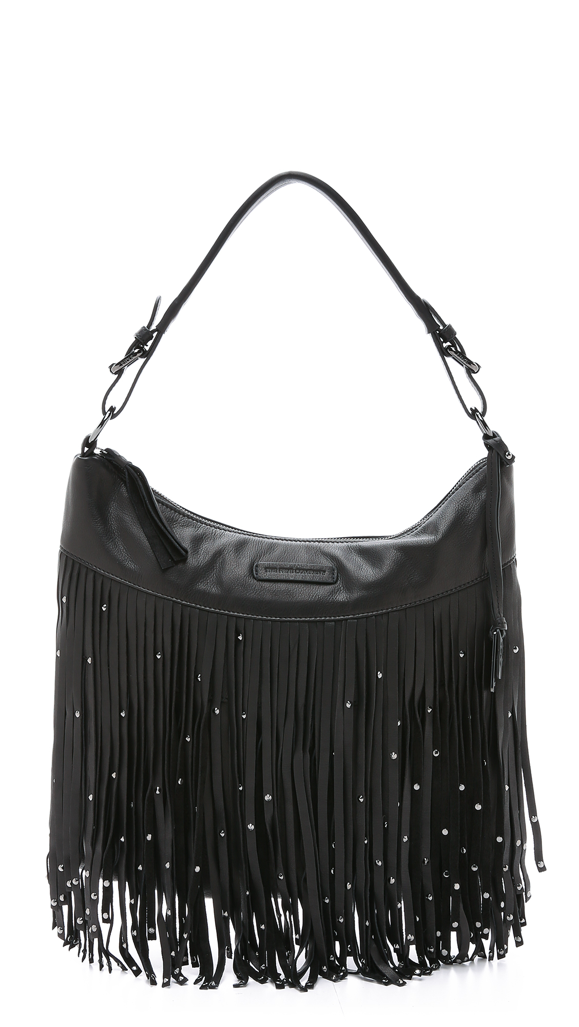 Women's Black Leather Hip Bag With Studs and Fringe Small 