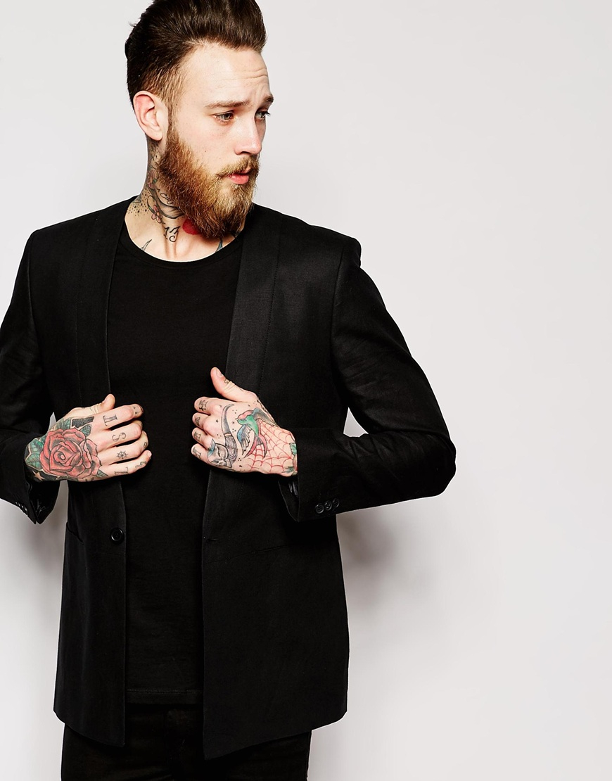 ASOS Slim Fit Collarless Blazer in Black for Men | Lyst