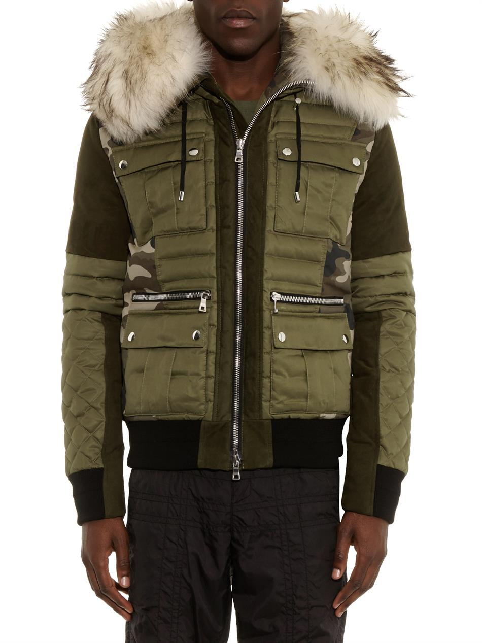 Balmain Fur-trim Camouflage-print Quilted Jacket in Green for Men - Lyst
