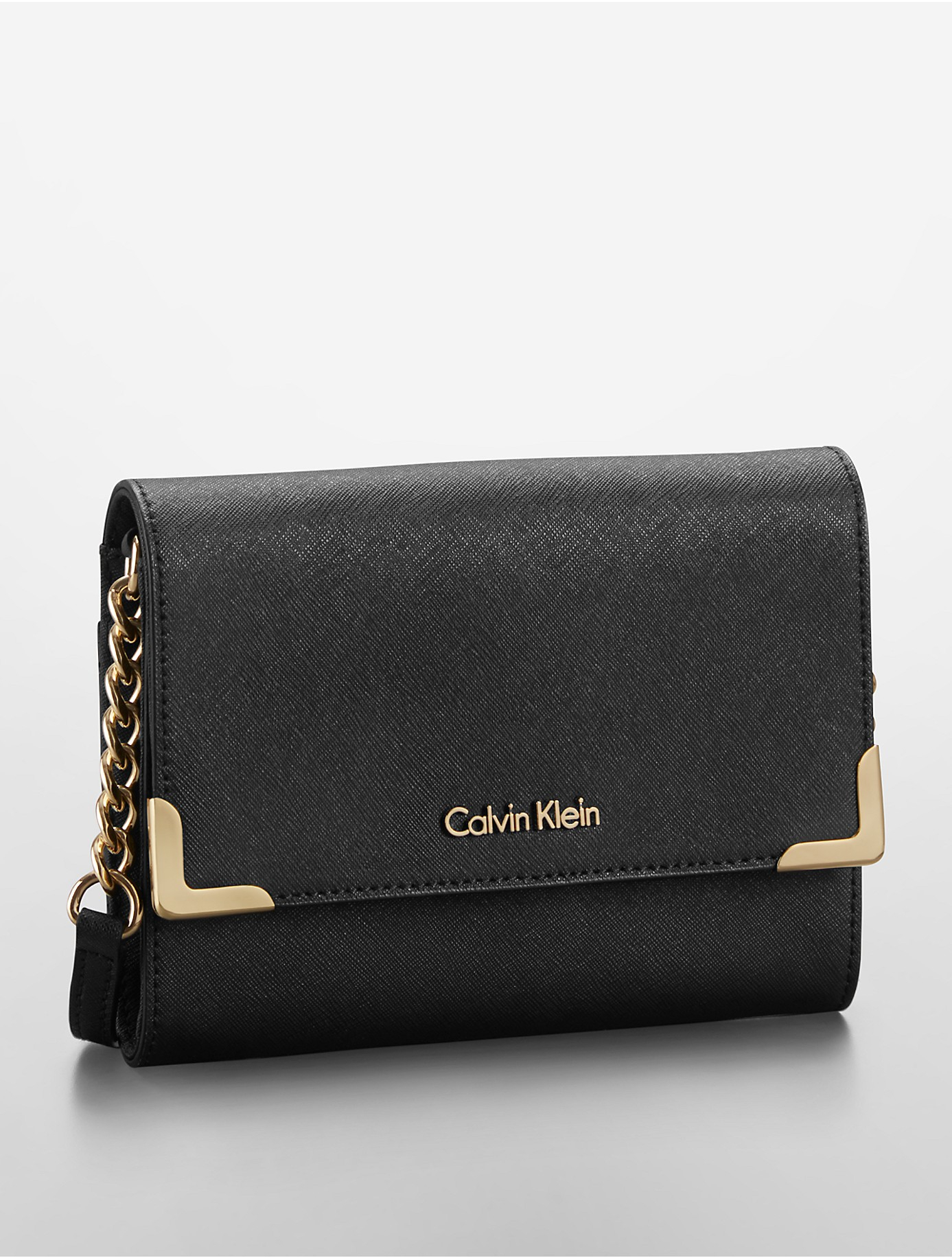 Calvin Klein Saffiano Leather Crossbody Bag in Black/Gold (Black) | Lyst