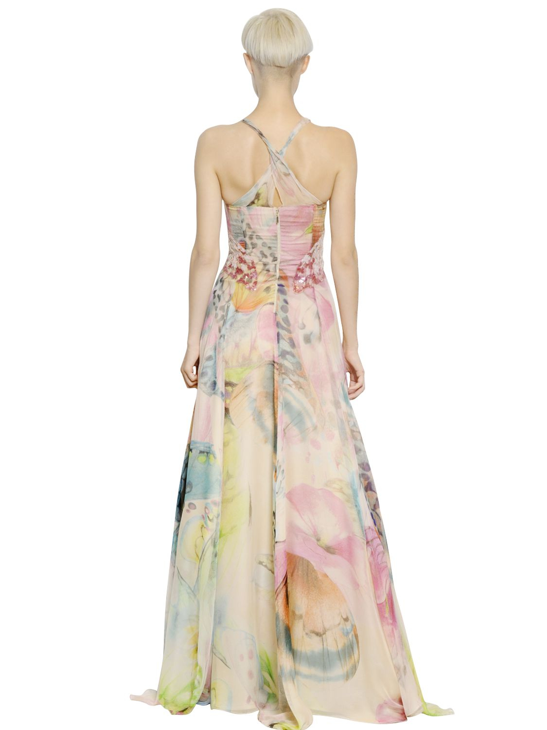 Blumarine Sequined Printed Silk Chiffon Long Dress in Natural Lyst